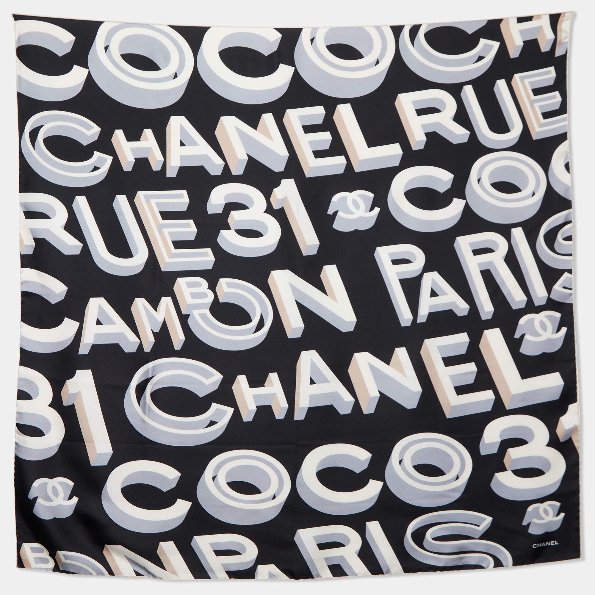 Pre Owned Chanel Black Coco Logo Print Silk Scarf