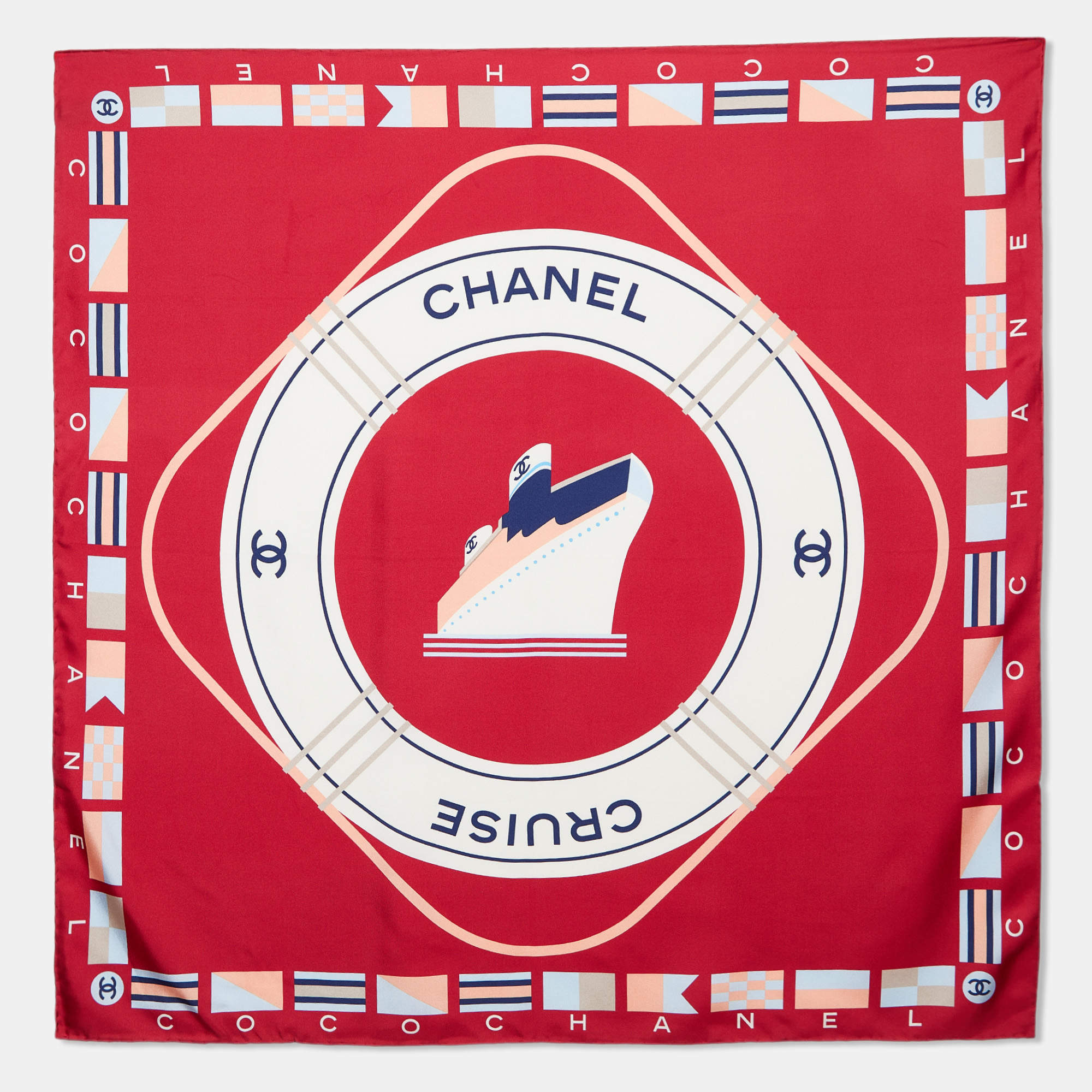 Pre Owned Chanel Red Chanel Cruise Print Silk Square Scarf
