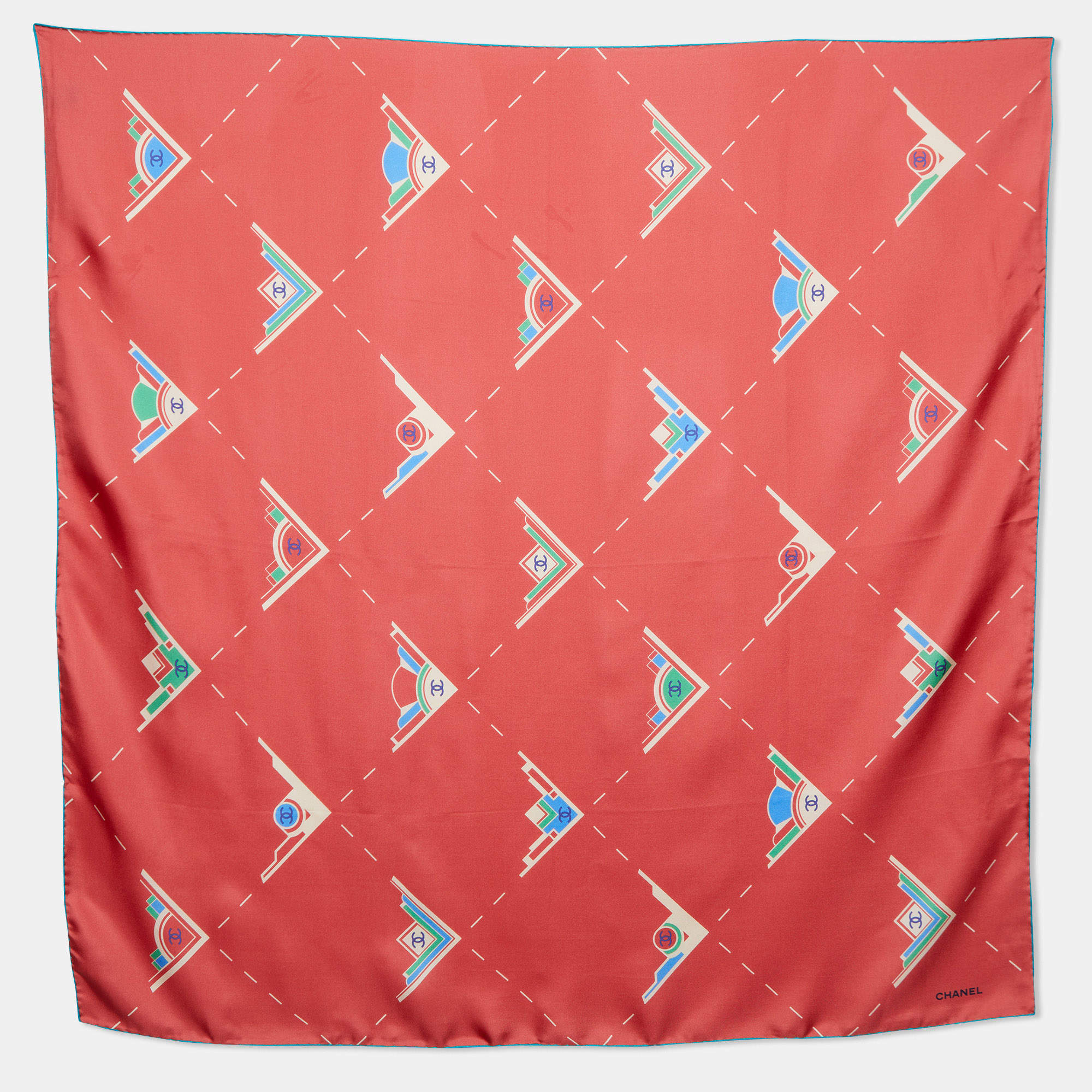 Pre Owned Chanel Coral Red CC Geometric Print Silk Scarf