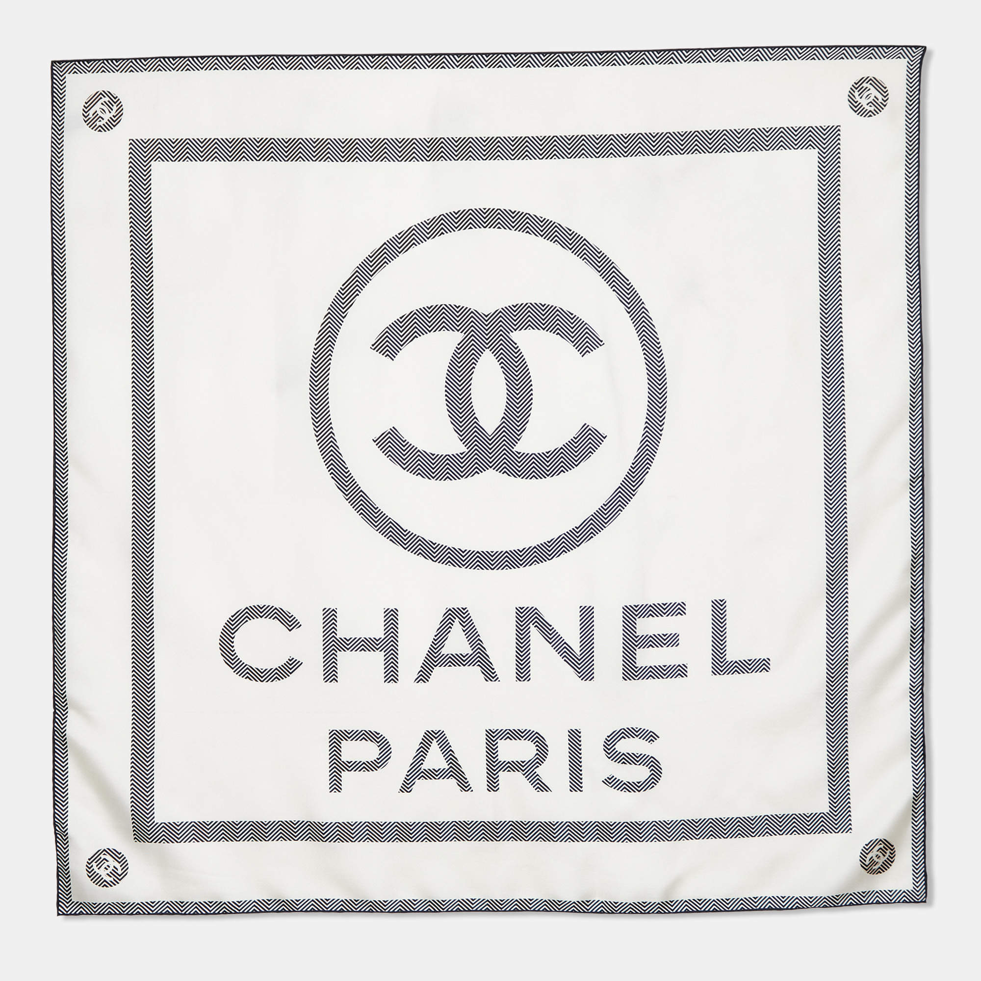 Pre Owned Chanel Ivory CC Logo Print Silk Scarf