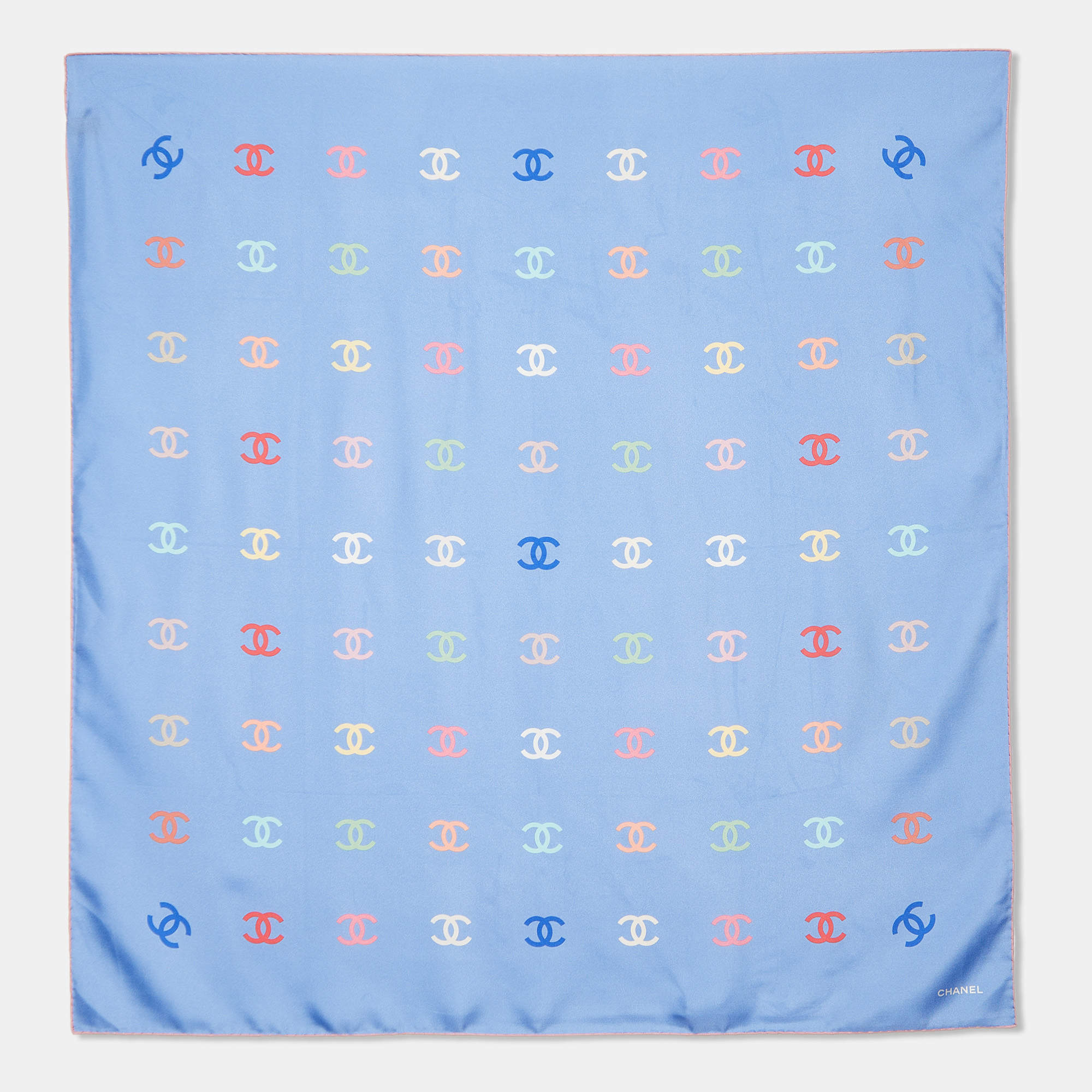 Pre Owned Chanel Blue CC Logo Print Silk Square Scarf