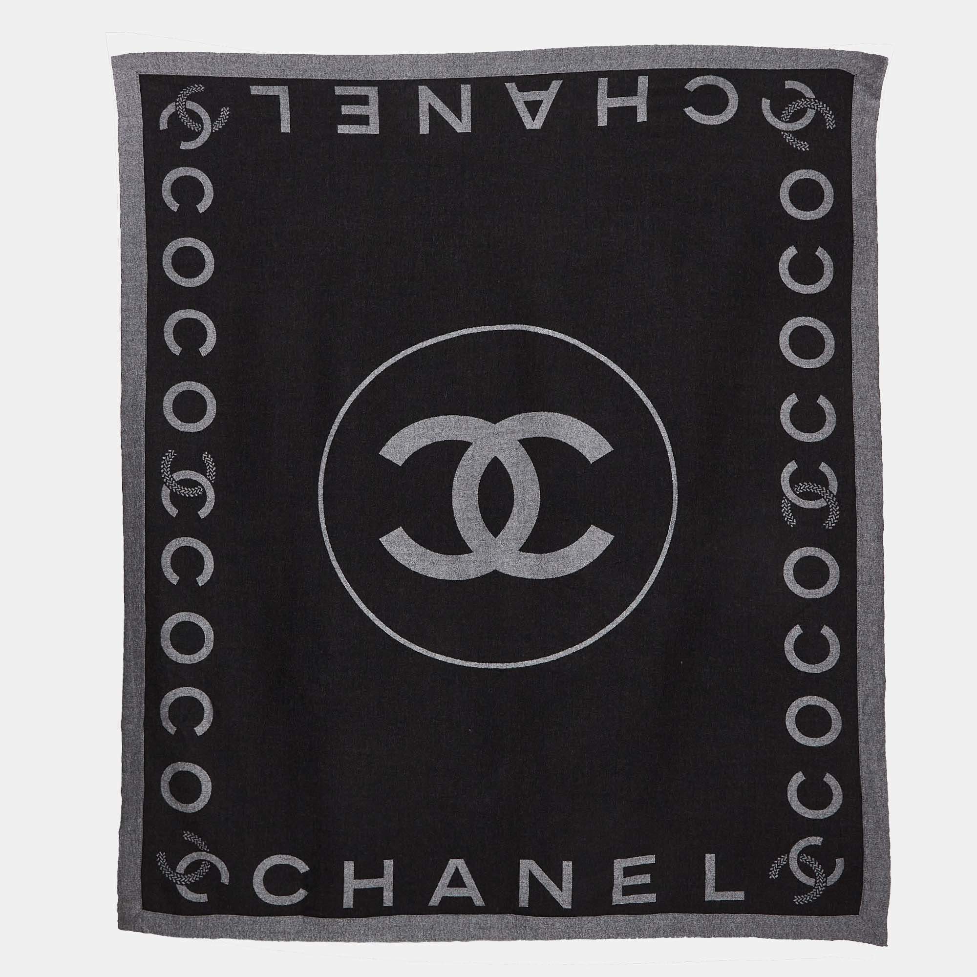 Chanel Grey Logo Pattern Wool Travel Blanket