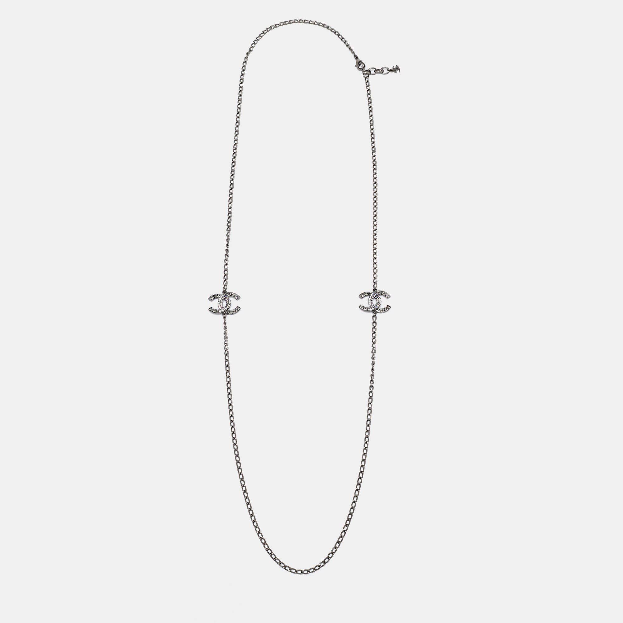 Pre Owned Chanel CC Crystals Gunmetal Tone Long Necklace