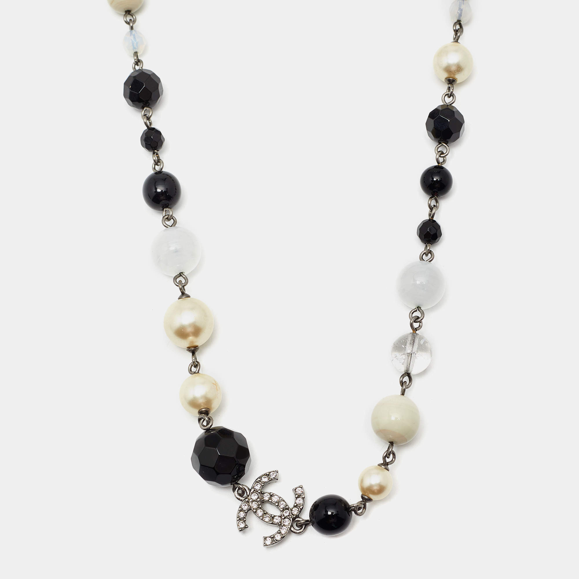 Chanel CC Beads Crystals Silver Tone Long Necklace