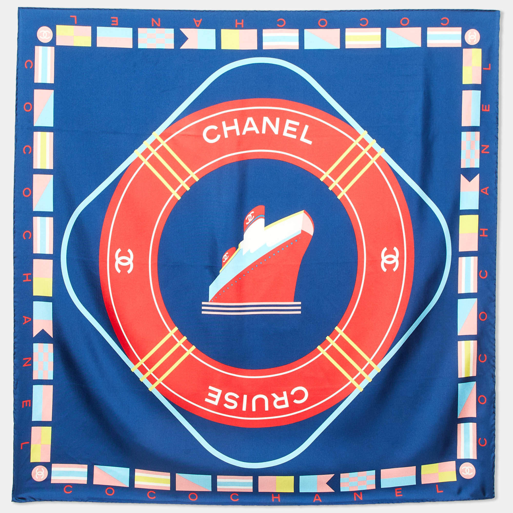 مملوكة مسبقًا Chanel Navy Blue Logo Cruise Print Silk Square Scarf