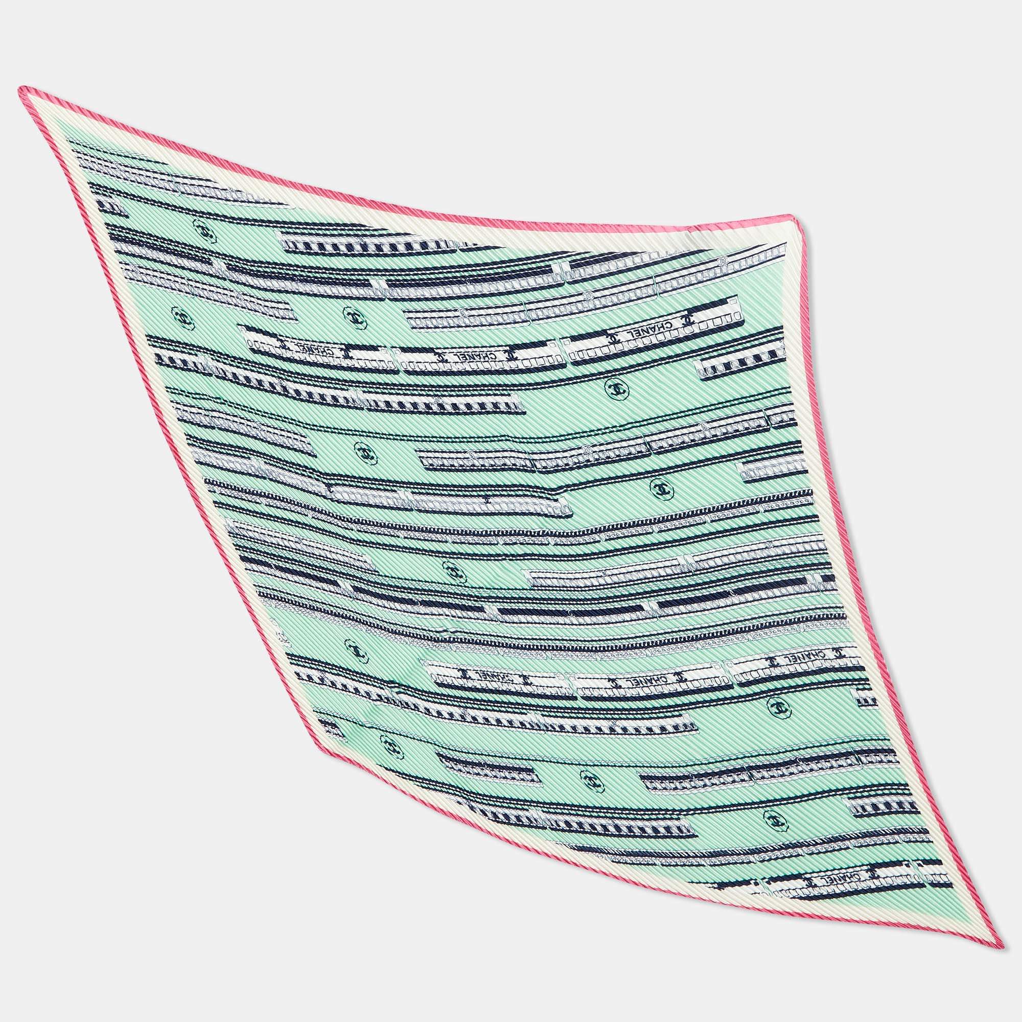 Pre Owned Chanel Green Locomotive Train Print Silk Plisse Scarf