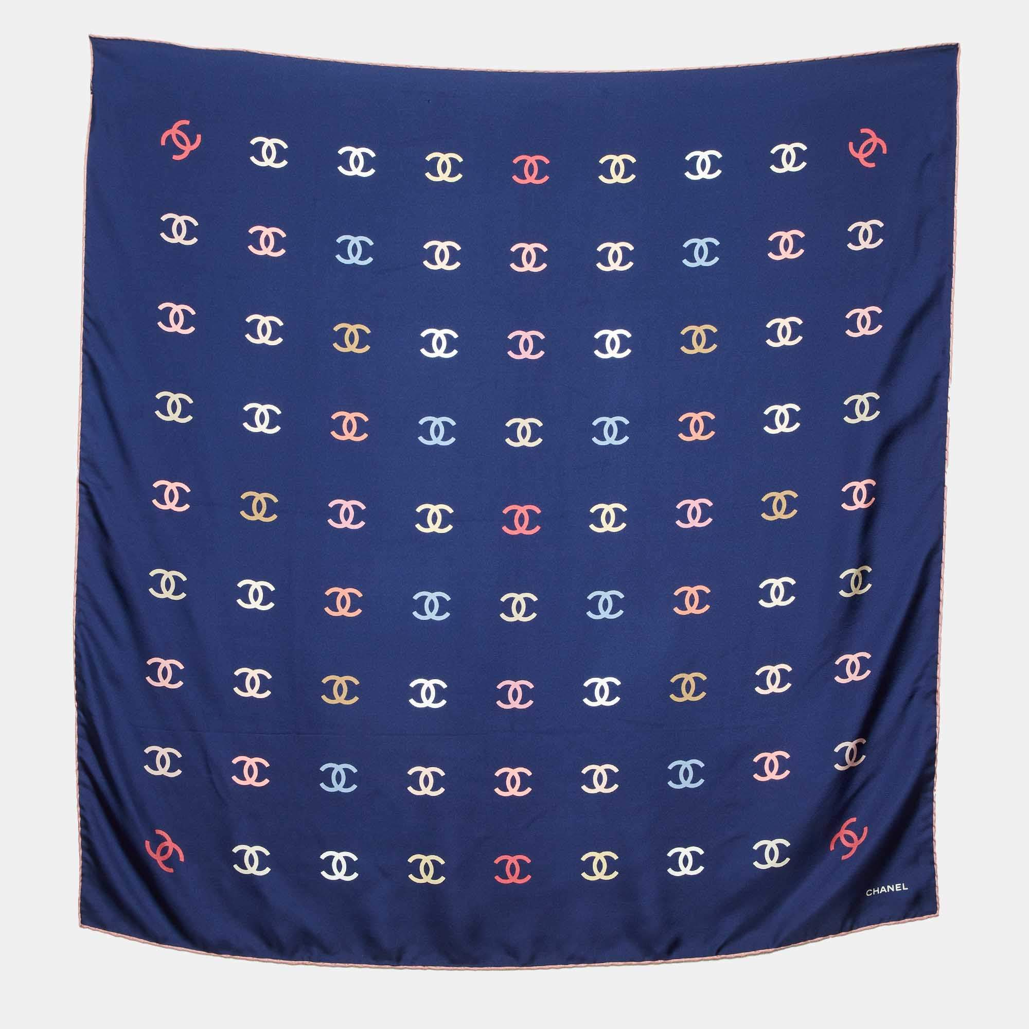 Pre Owned Chanel Navy Blue All-Over CC Print Silk Square Scarf
