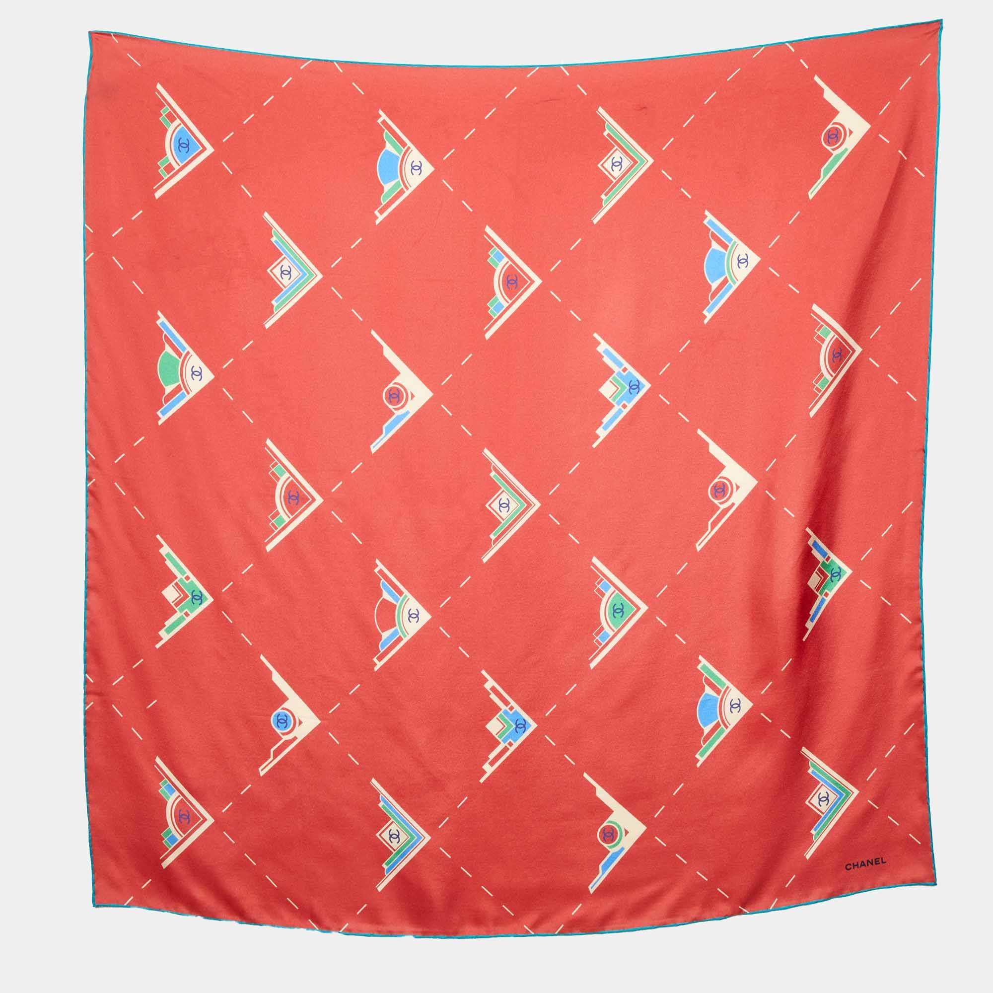 Pre Owned Chanel Brick Red Geometric CC Print Silk Square Scarf