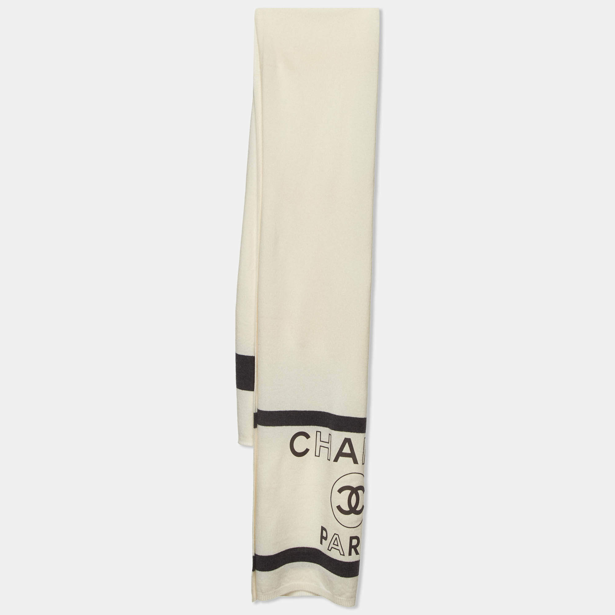 Pre Owned Chanel Cream/Grey Logo Print Cashmere Knit Stole 