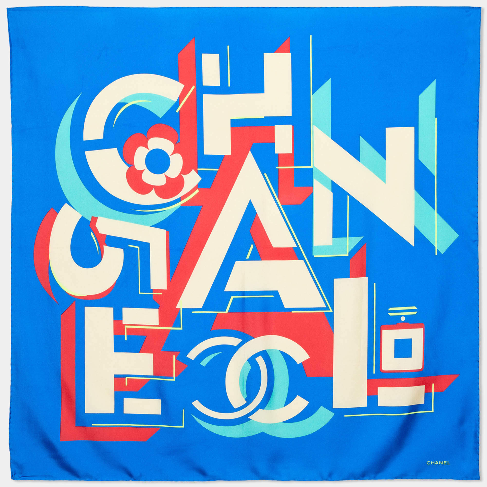 Pre Owned Chanel Blue Geometric Logo Print Silk Square Scarf