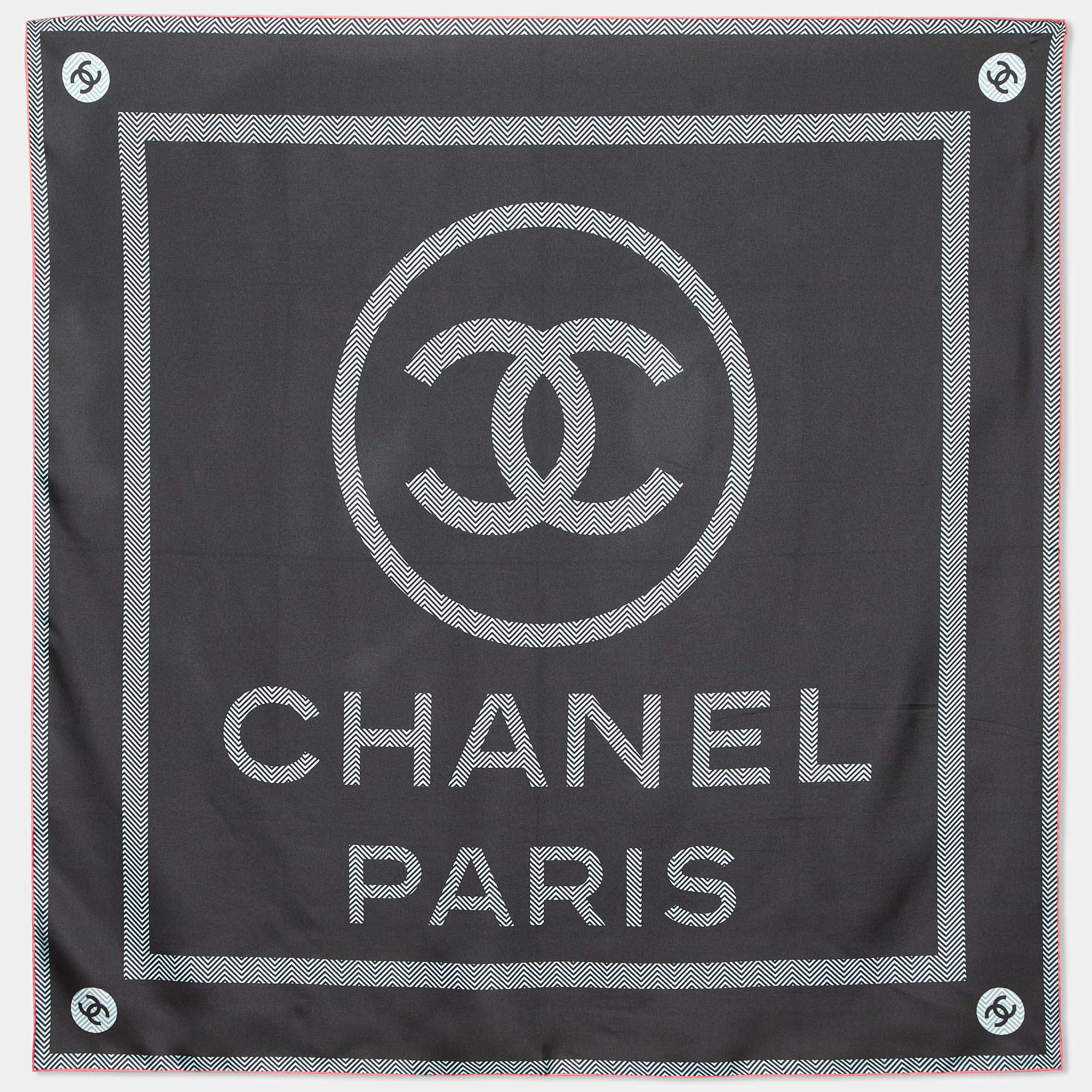 Pre Owned Chanel Black CC Logo Print Silk Square Scarf