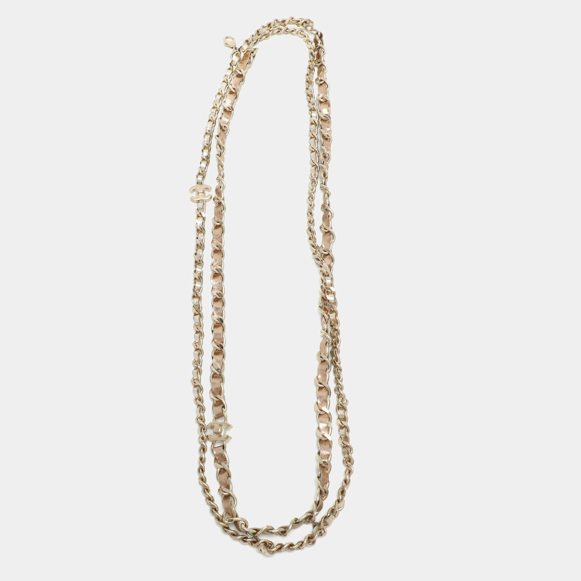 Chanel Gold Leather CC Chain Link Long Necklace