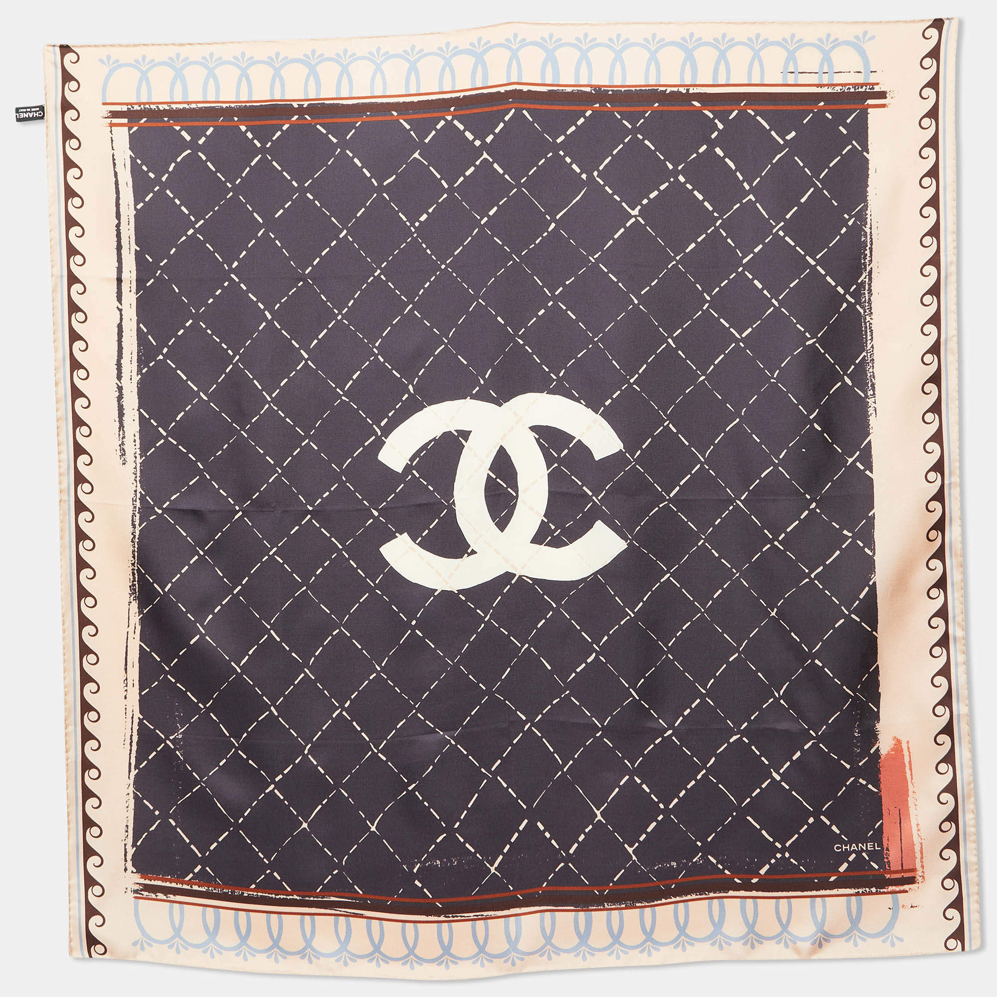 Pre Owned Chanel Grey Quilted CC Print Silk Square Scarf
