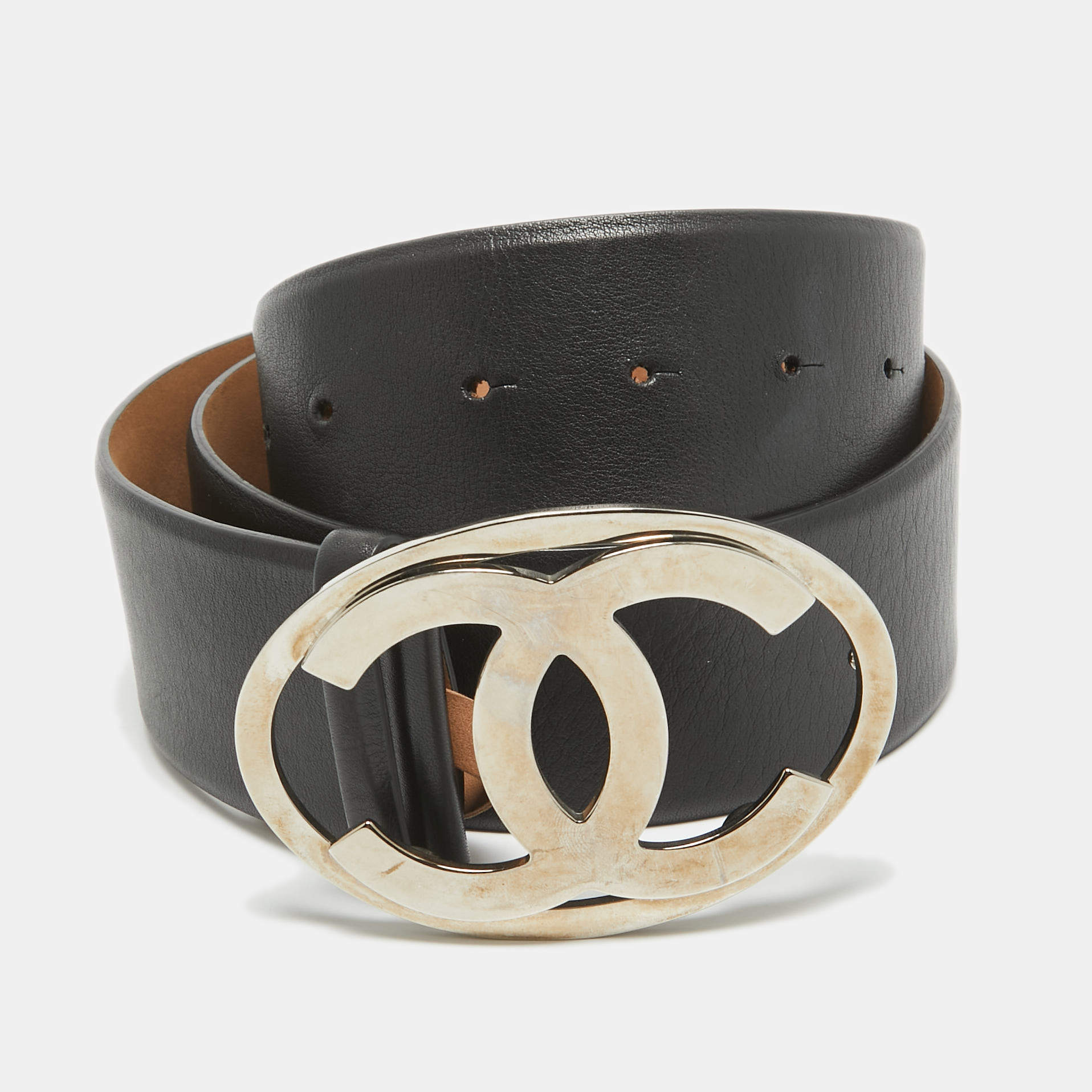 Chanel Black Leather CC Logo Round Buckle Wide Belt 90CM