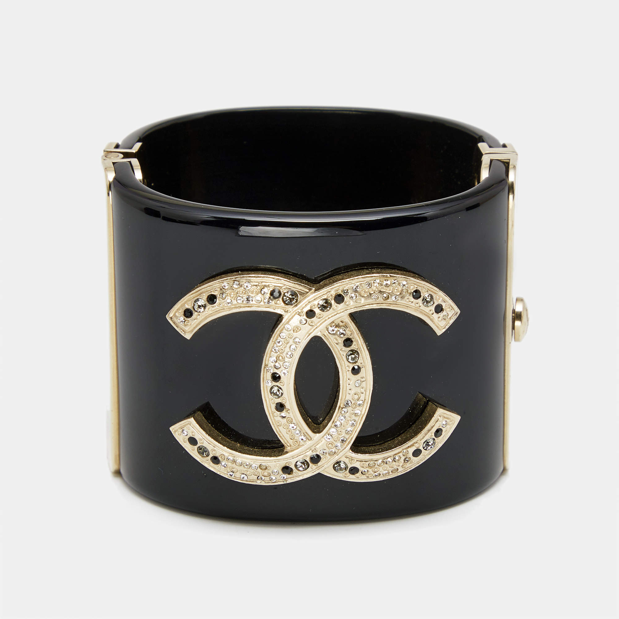 Chanel CC Resin Crystal Studded Gold Tone Wide Cuff Bracelet