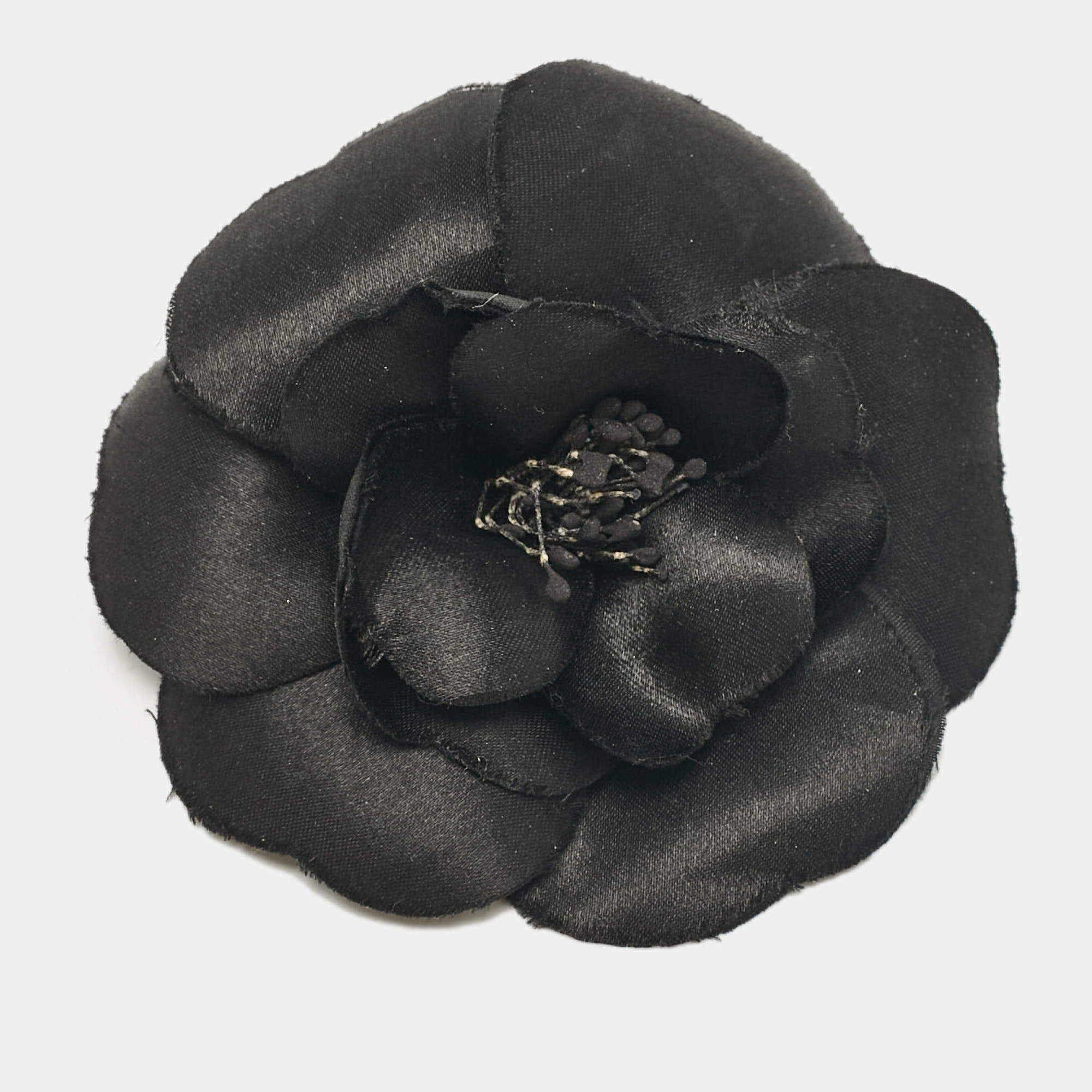 Pre Owned Chanel Vintage Black Camellia Silk Pin Brooch