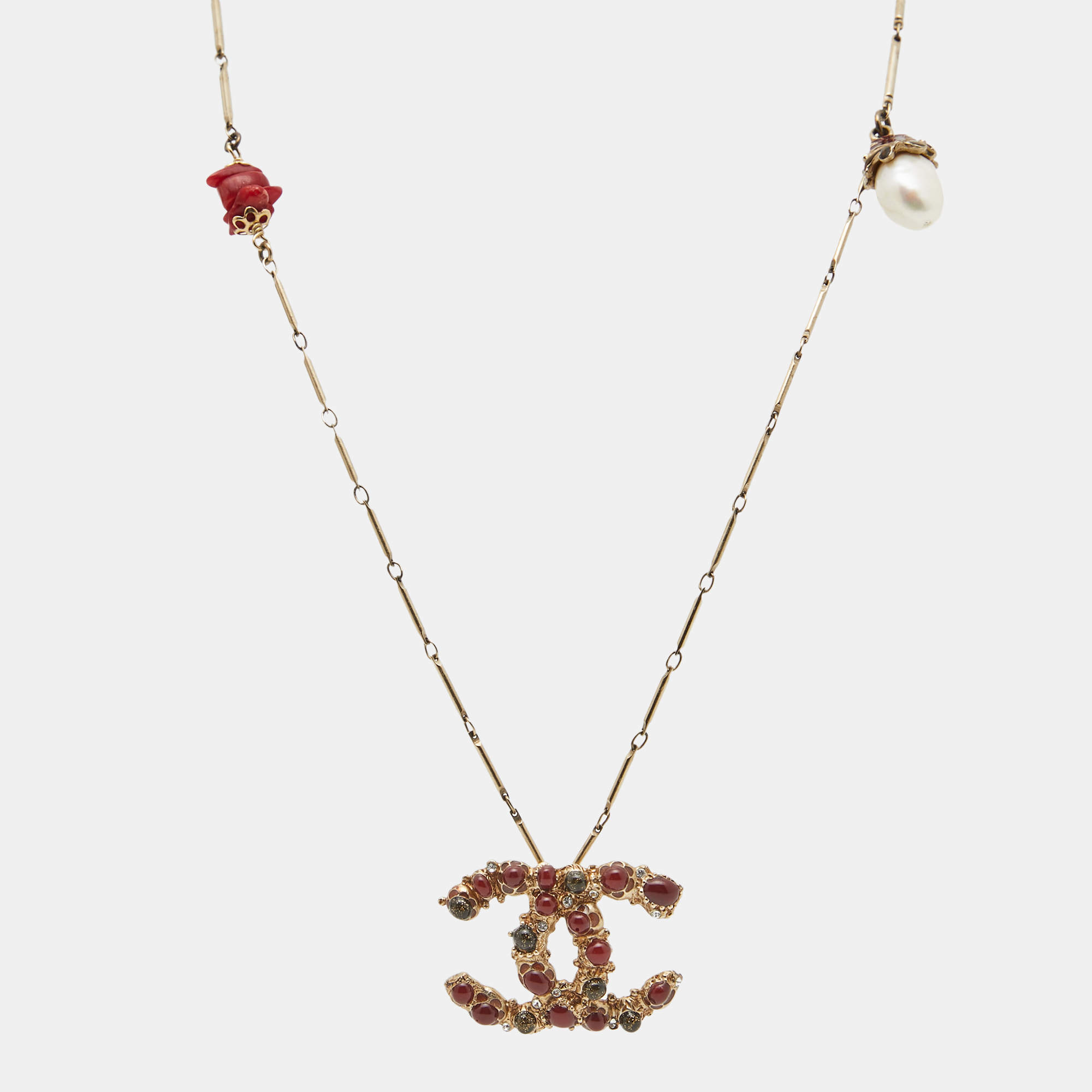 Pre Owned Chanel CC Enamel Crystal Gold Tone Necklace