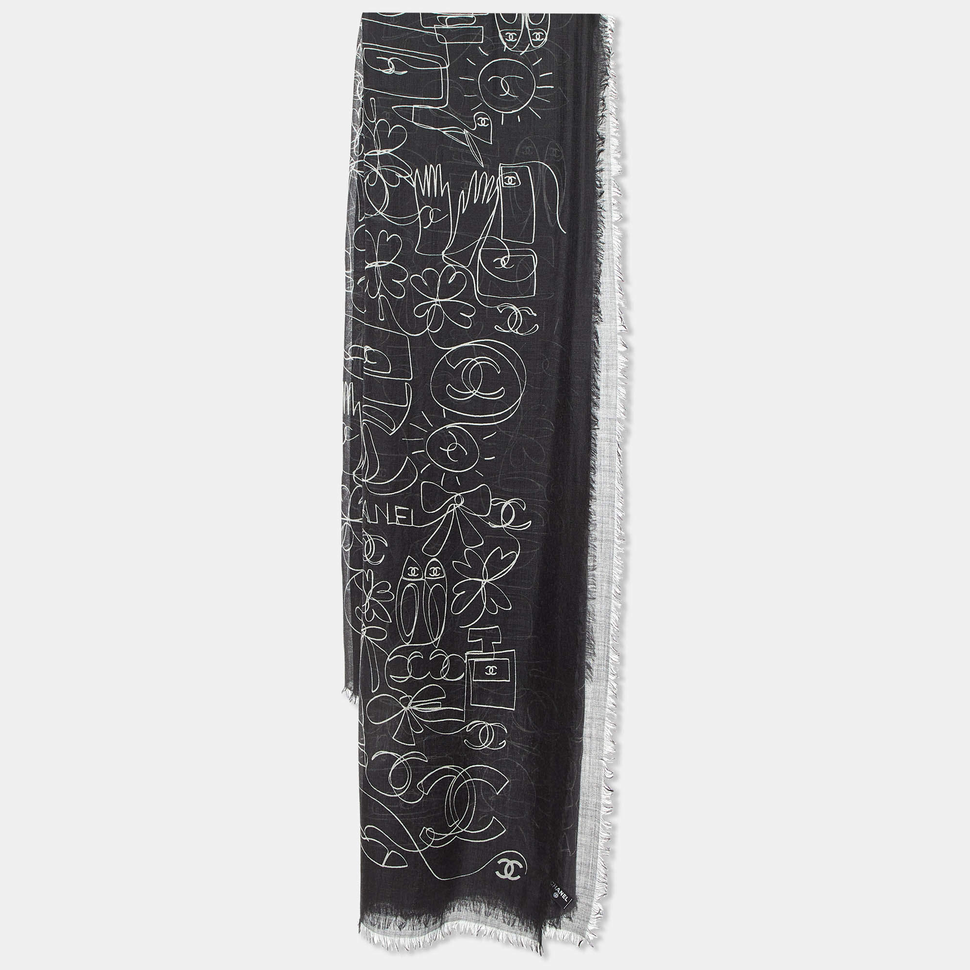 Chanel Black Camellia CC Print Cashmere Shawl