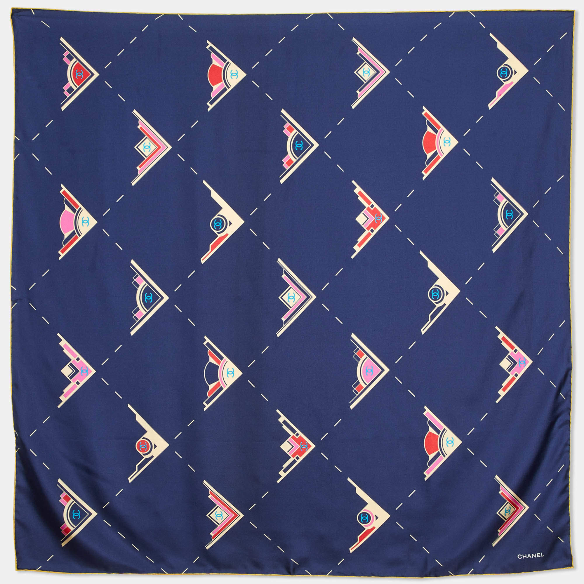 Chanel Navy Blue CC Geometric Print Silk Scarf
