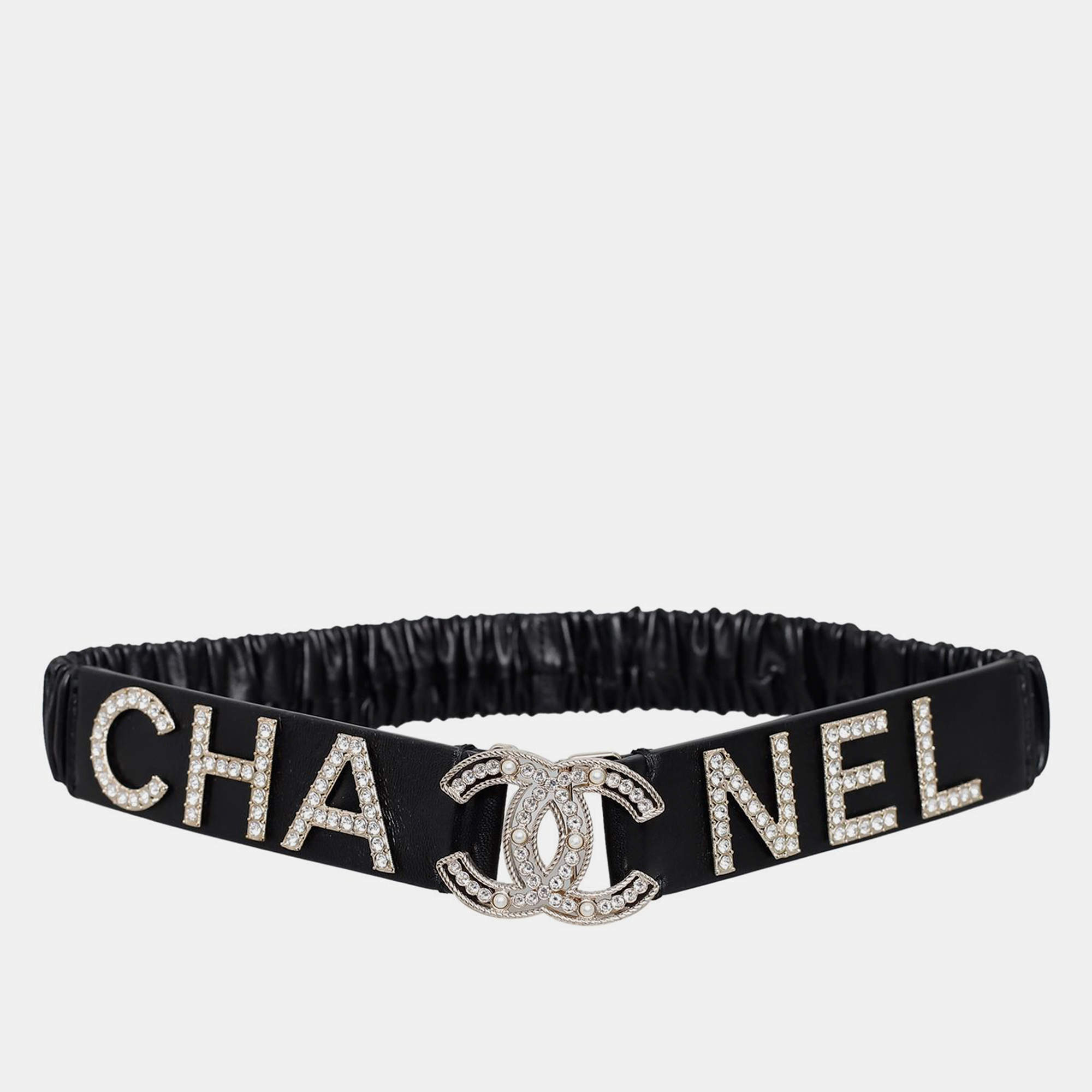 Chanel Black Logo Crystal Waist Belt