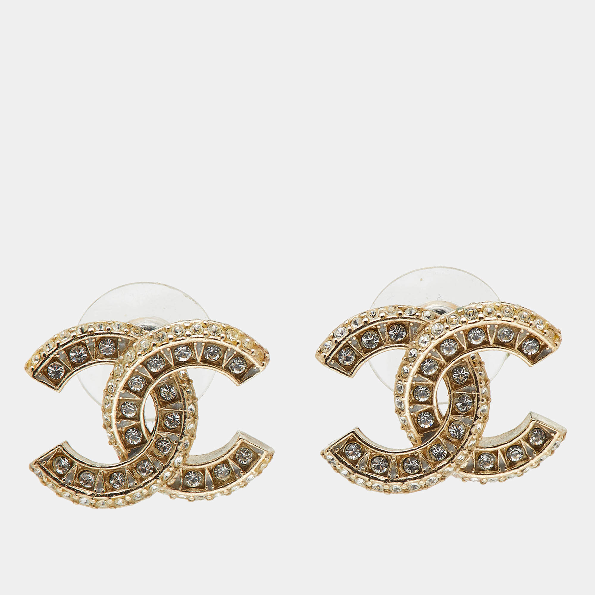 Pre Owned Chanel CC Crystals Enamel Gold Tone Earrings 