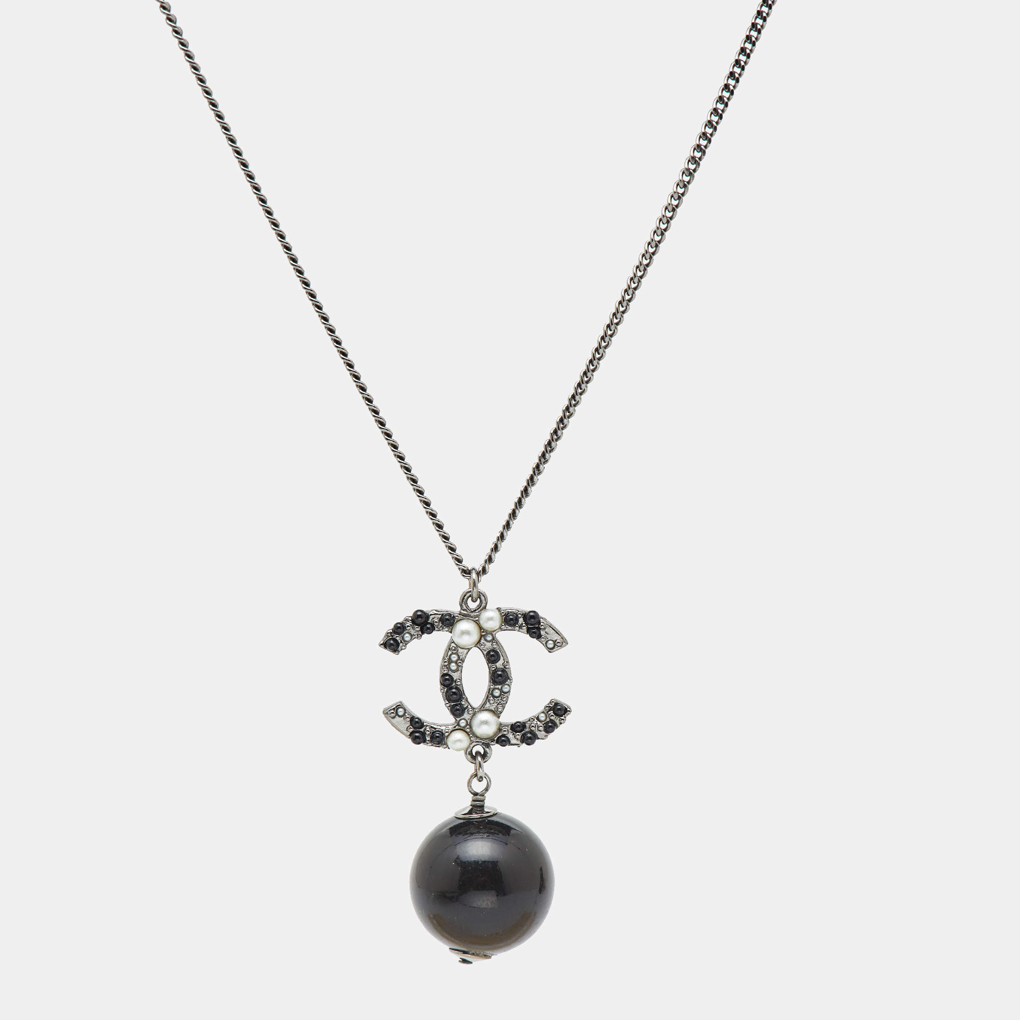Pre Owned Chanel CC Bead Faux Pearl Gunmetal Tone Necklace