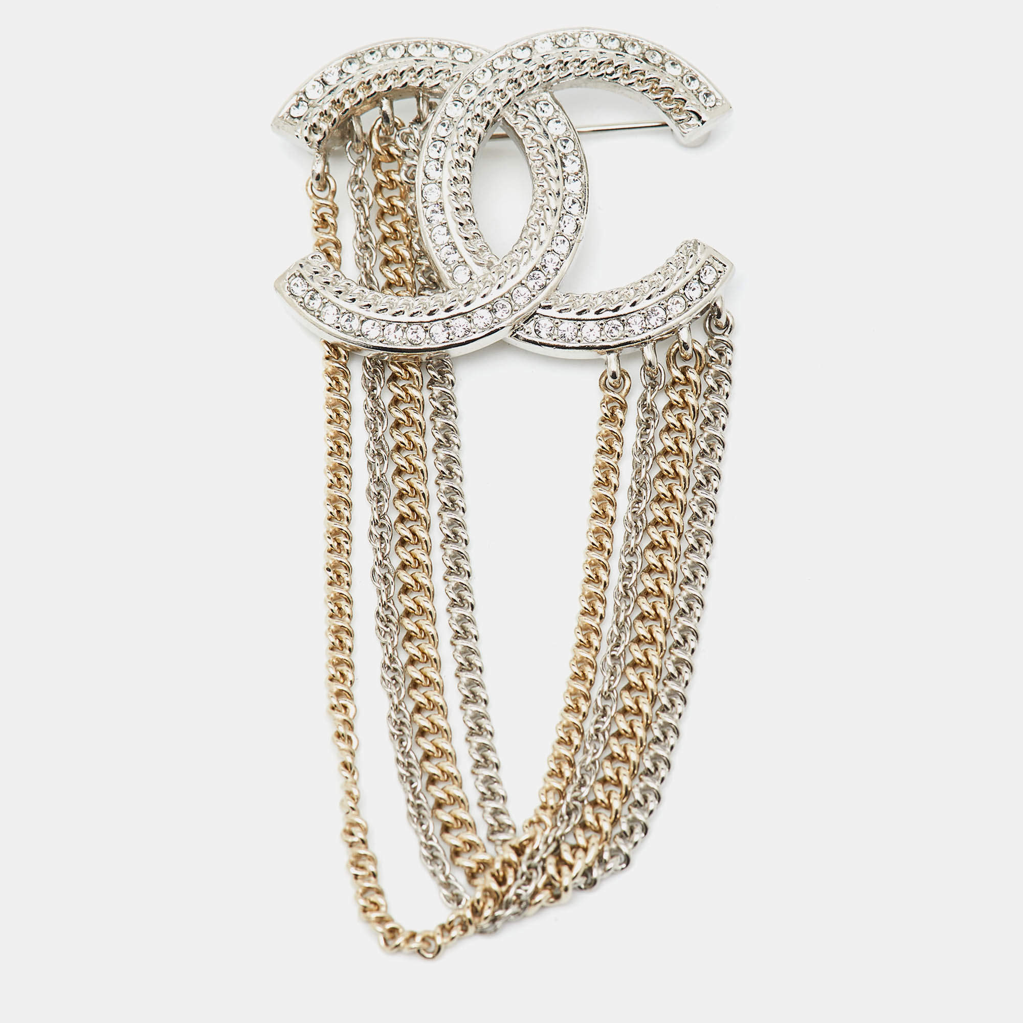 Pre Owned Chanel Strass CC Multi-Chain Crystals Two Tone Pin Brooch