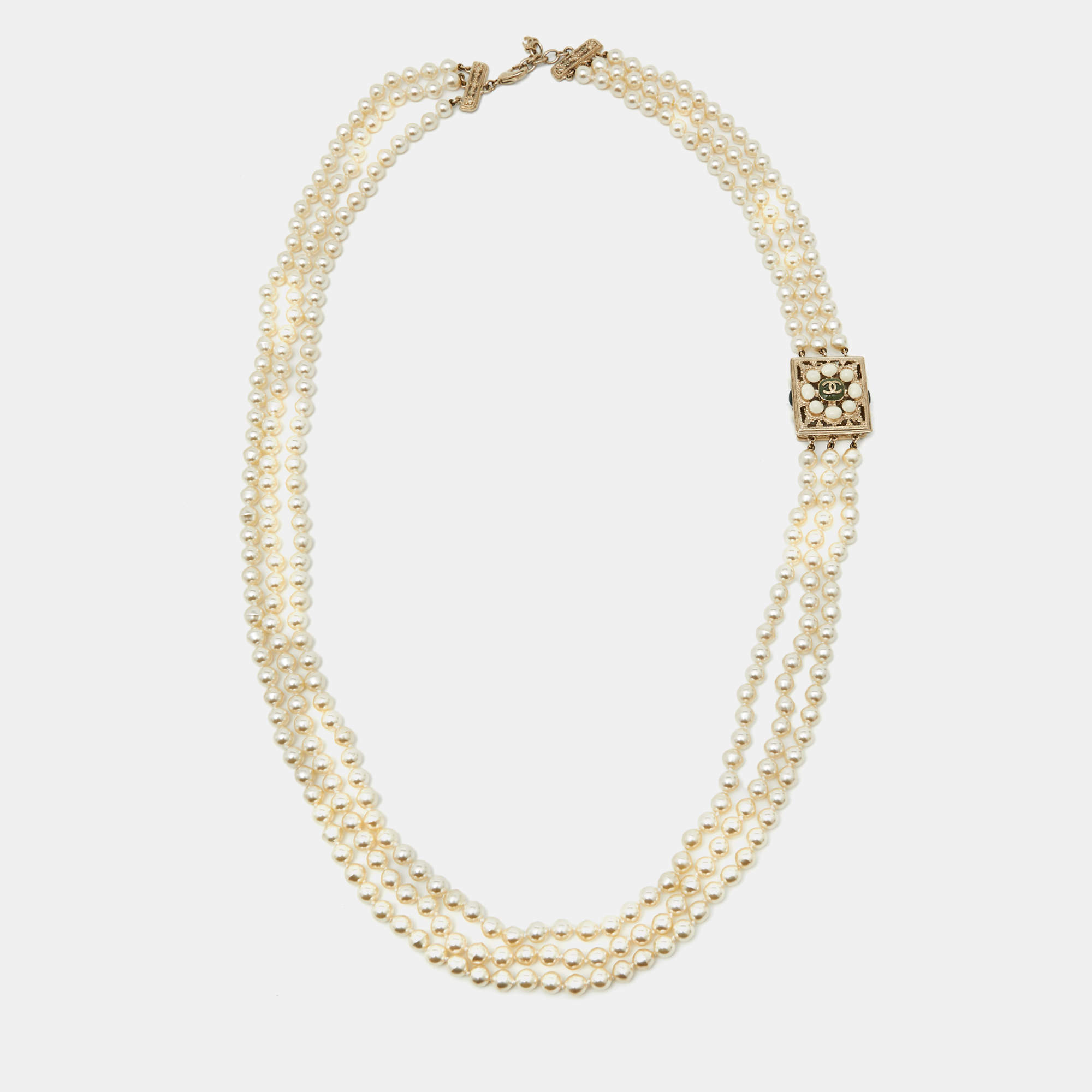Pre Owned Chanel CC Faux Pearl Resin Gold Tone Multi Strand Neckalce