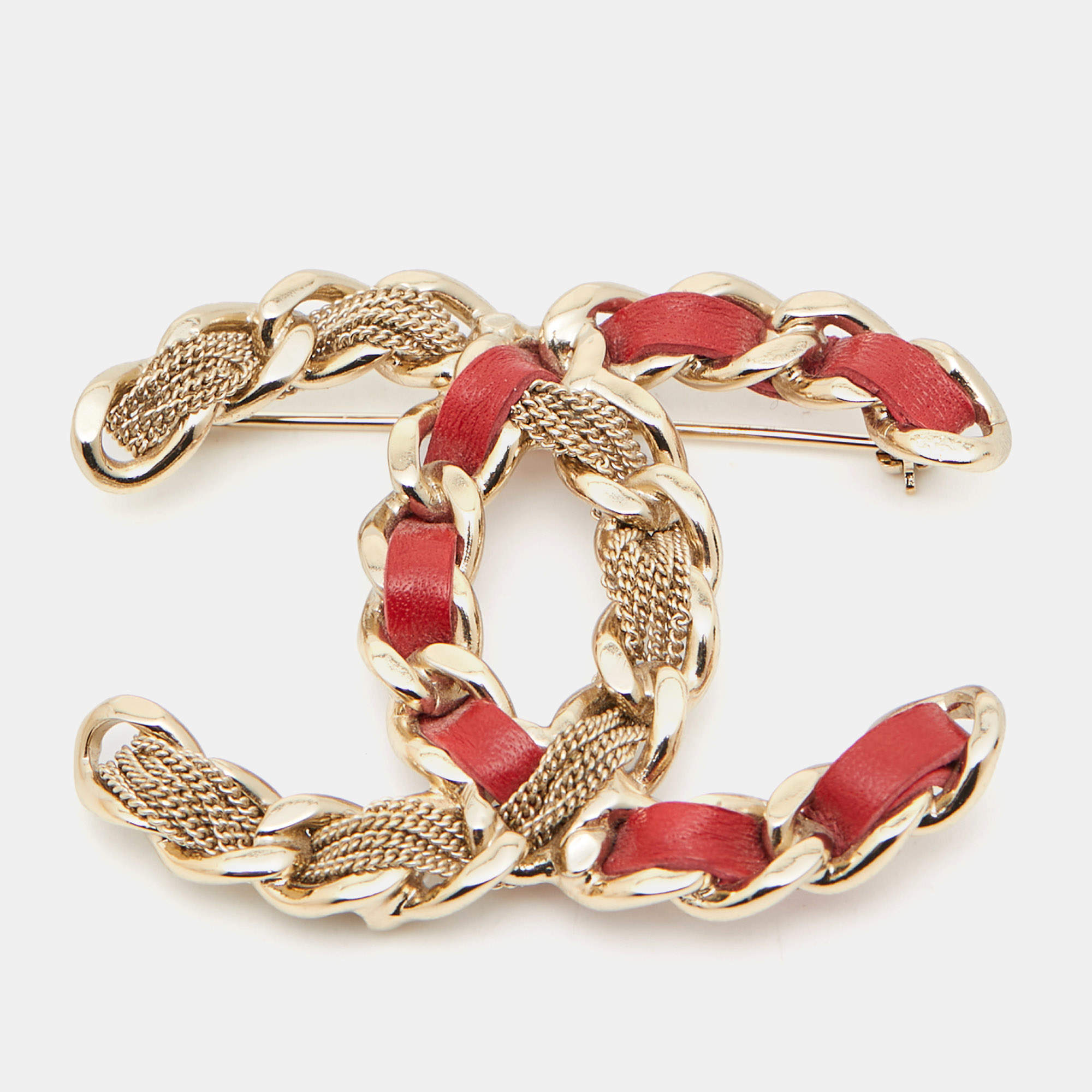 Pre Owned Chanel  CC Red Leather Gold Tone Brooch