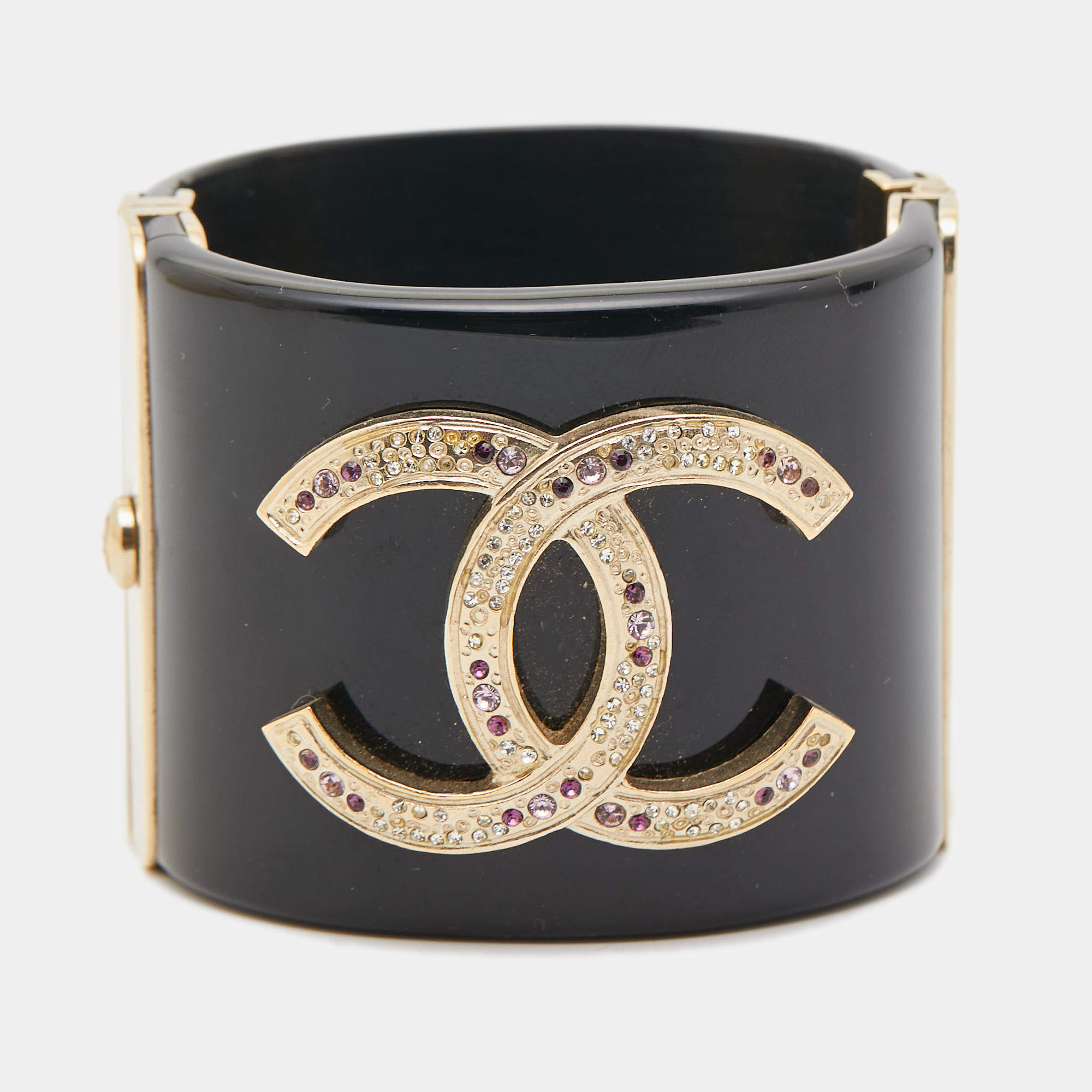 Pre Owned Chanel CC Resin Crystal Studded Gold Tone Wide Cuff Bracelet