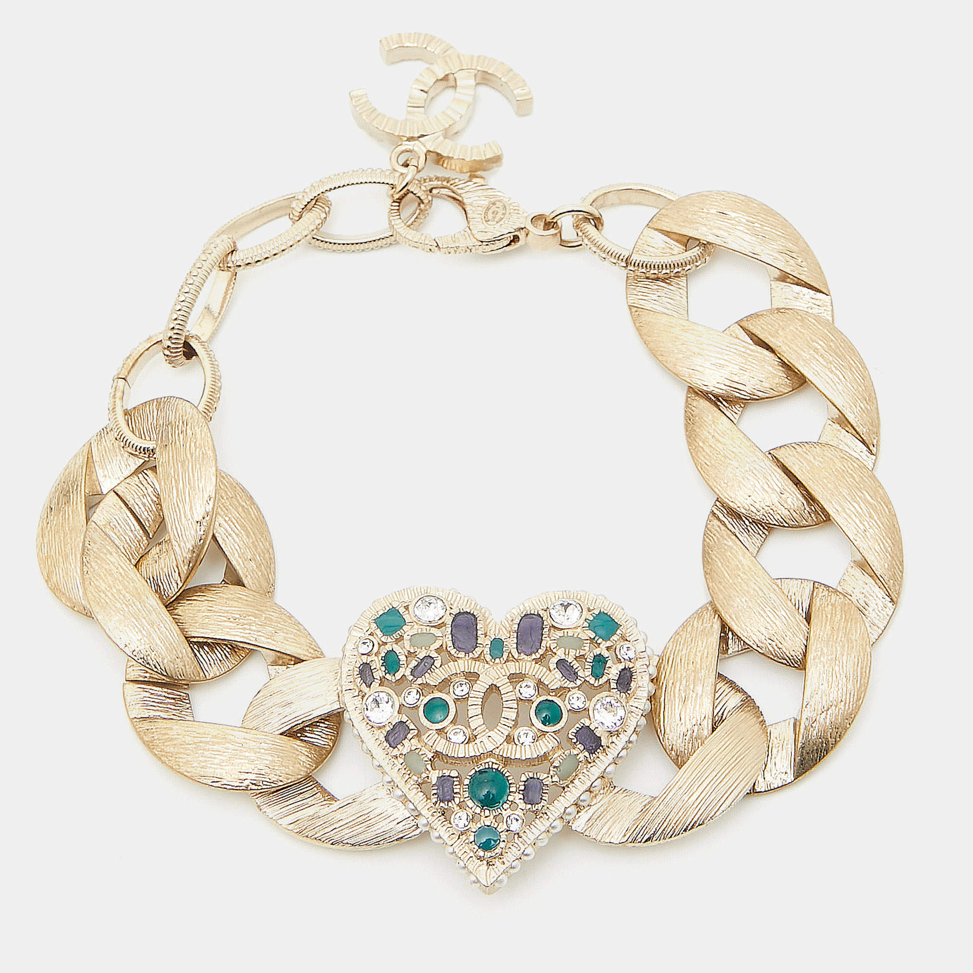 Pre Owned Chanel CC Enamel Crystals Faux Pearl Gold Tone Bracelet