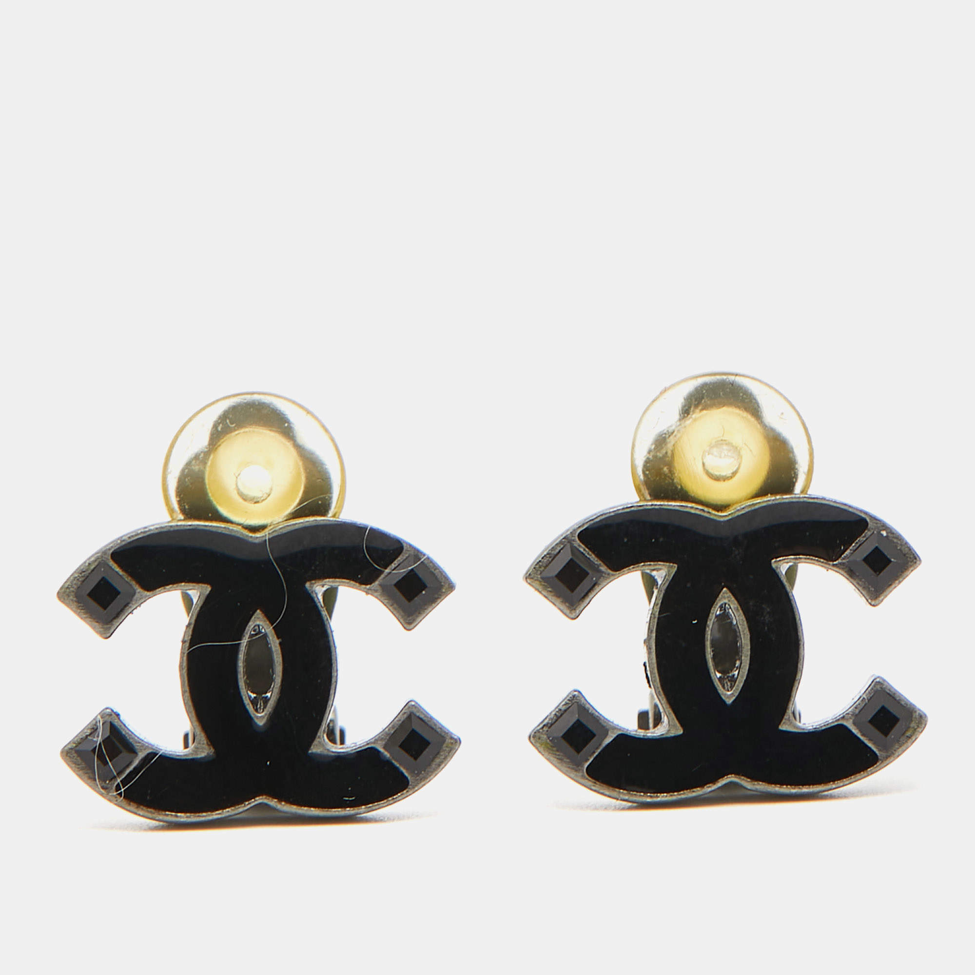Pre Owned Chanel CC Enamel Crystals Gunmetal Tone Earrings