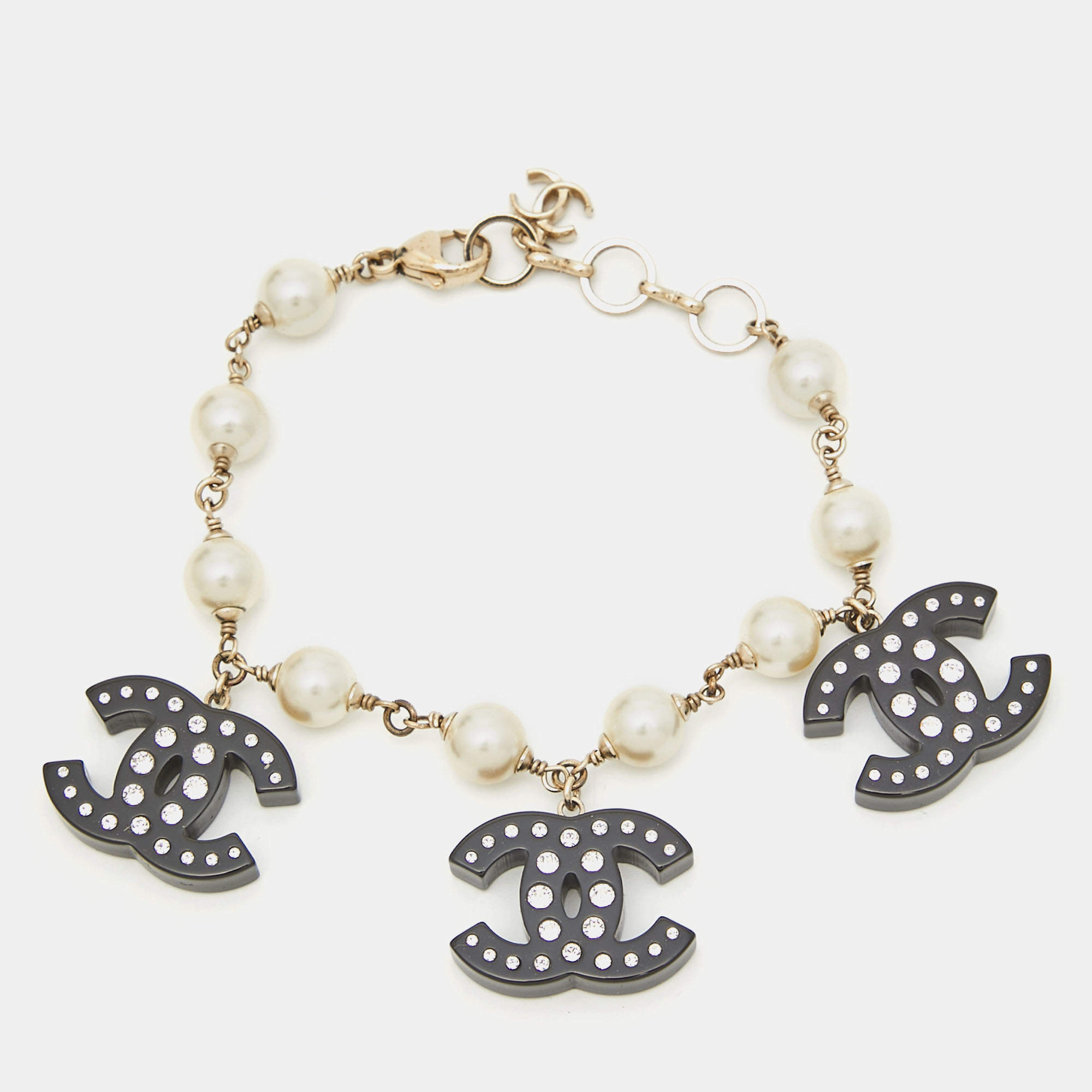 Pre Owned Chanel CC  Faux Pearl Resin Crystals Gold Tone Charm Bracelet