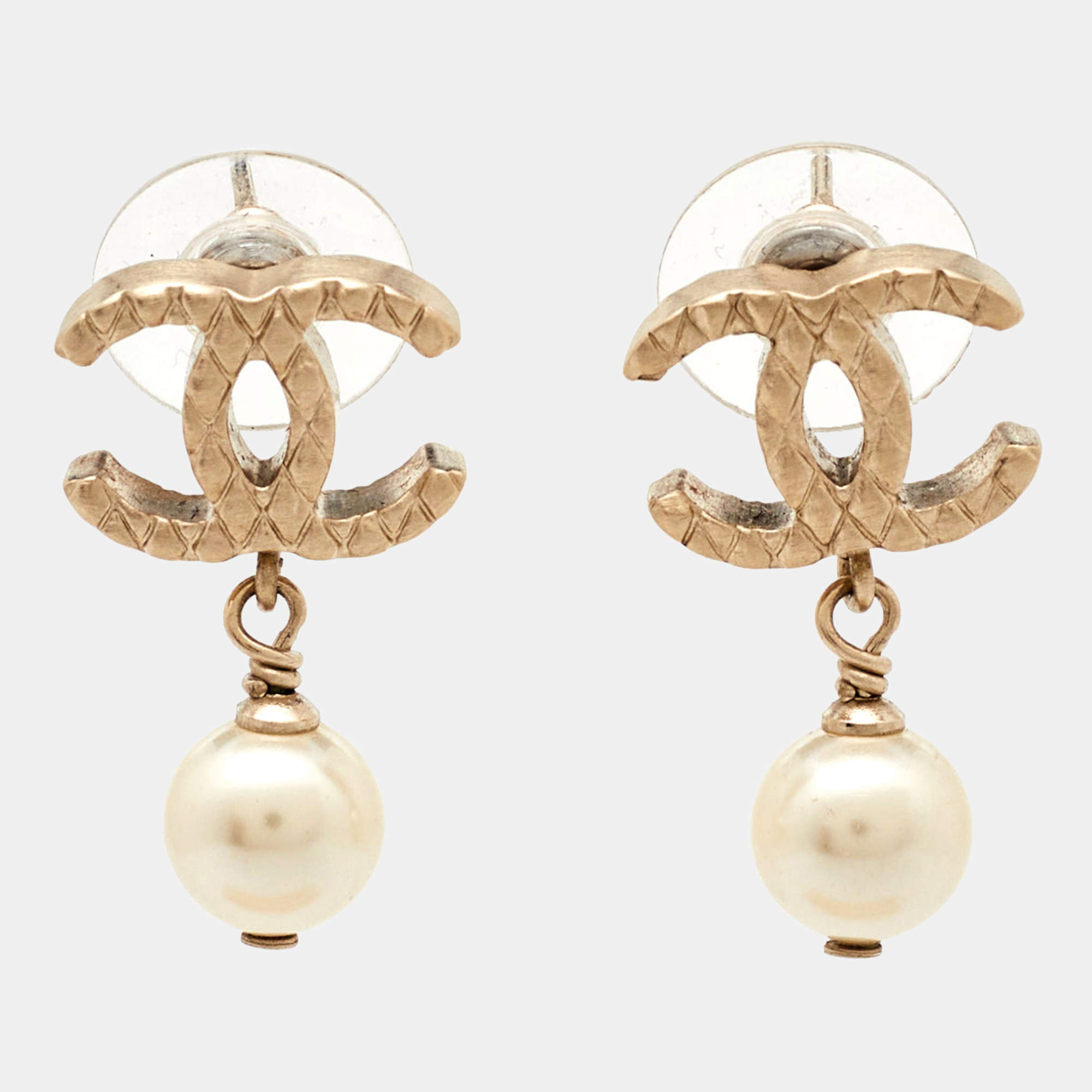Chanel CC Faux Pearl Textured Gold Tone Drop Earrings