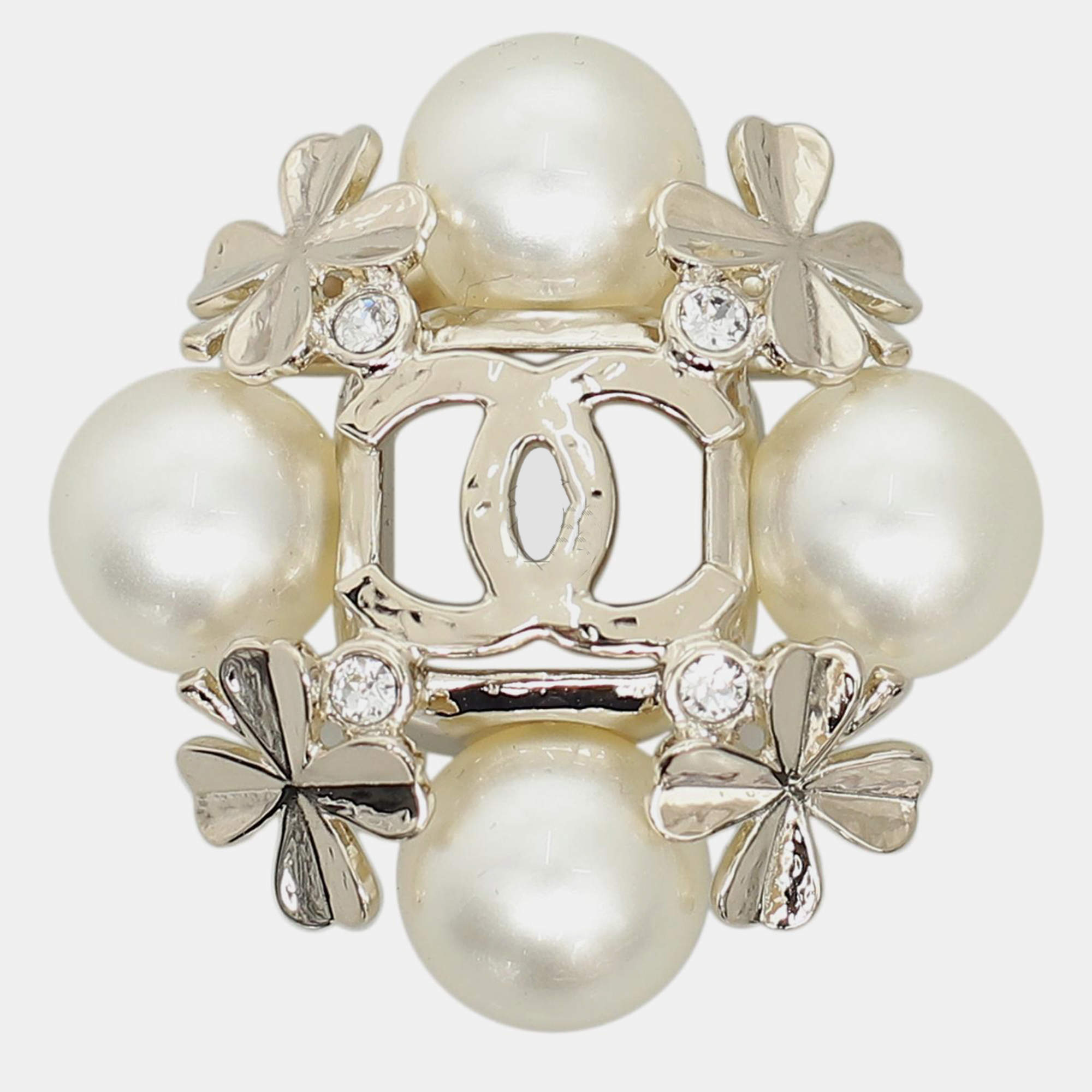 Pre Owned Chanel CC Pearl Embellished Flower Brooch