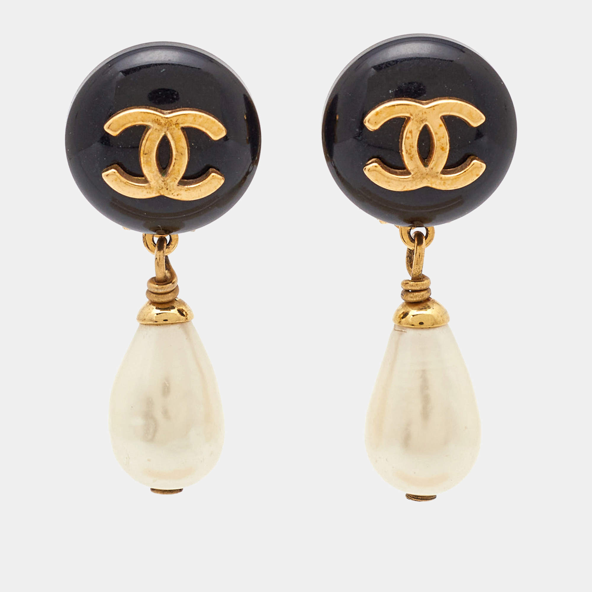 Chanel CC Resin Faux Pearl Gold Tone Earrings