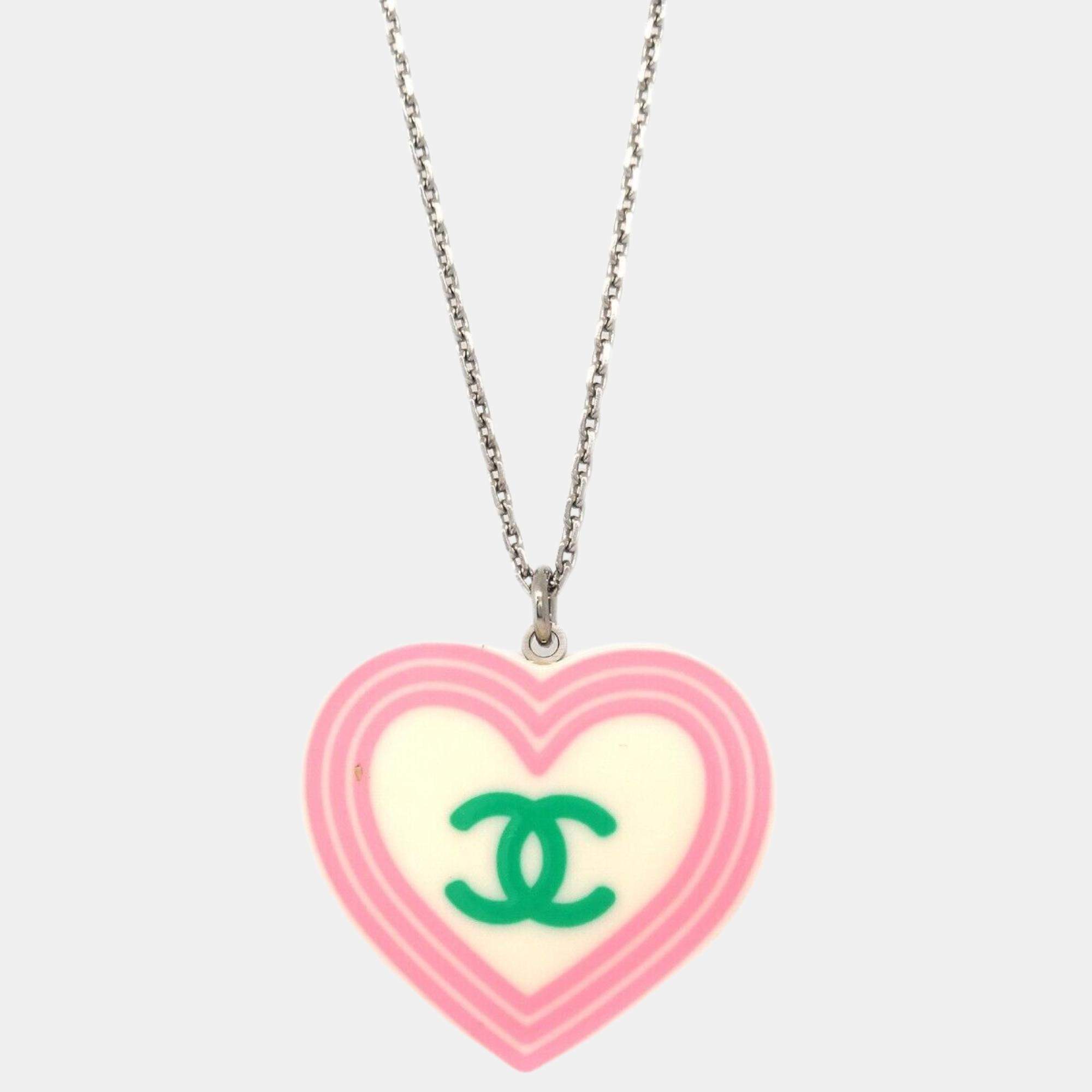 Chanel Silver White Heart Chain Necklace Pendant