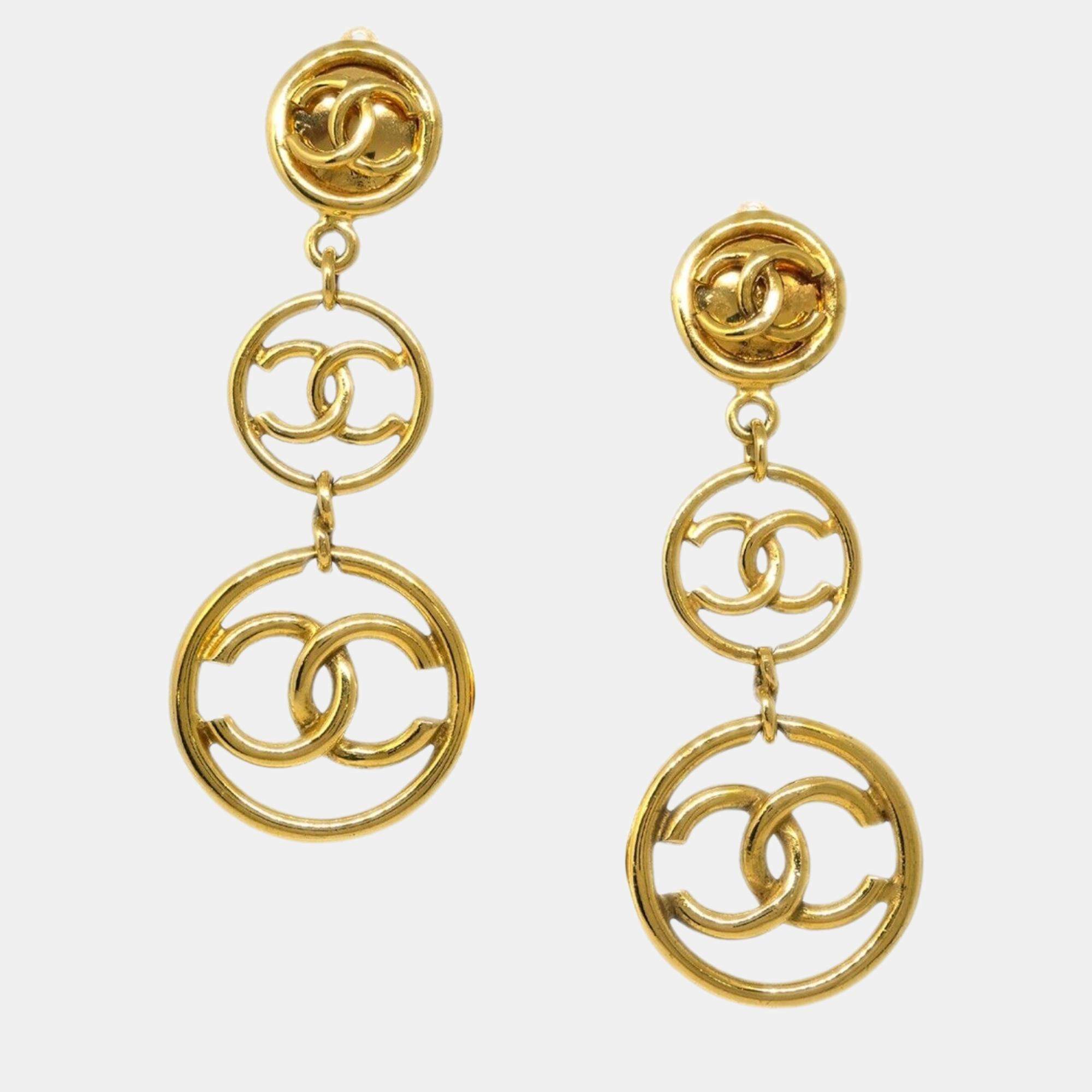 Chanel Gold Dangle Clip-On Earrings 