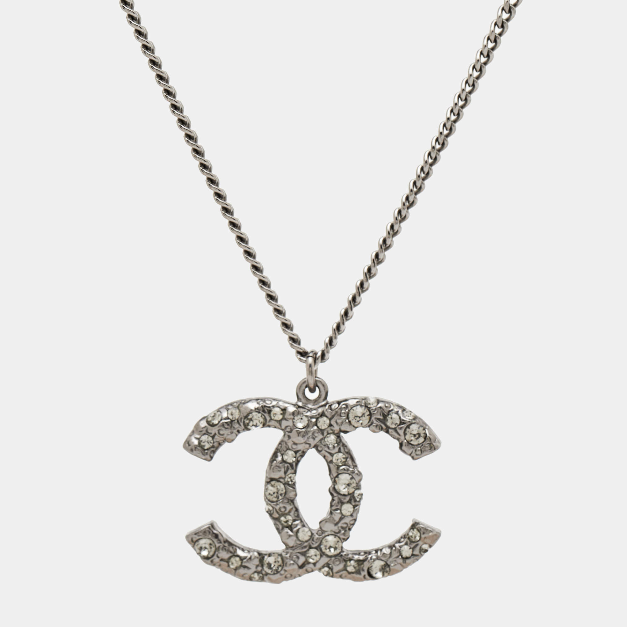 Pre Owned Chanel CC Crystals Gunmetal Tone Pendant Necklace