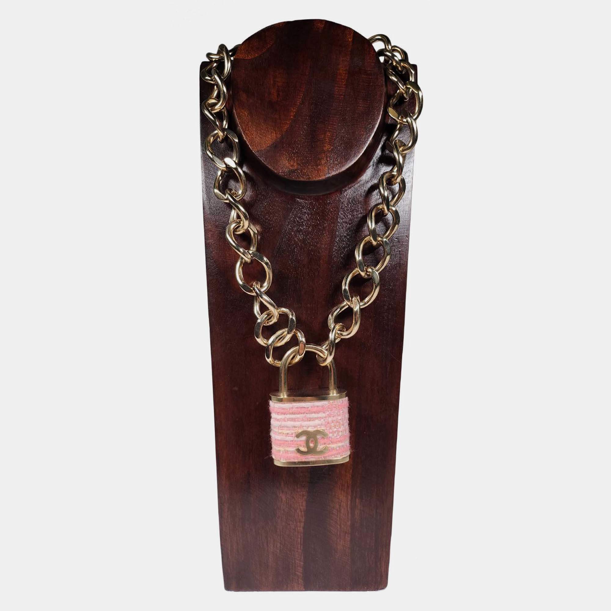 Pre Owned Chanel CC Pink Tweet Padlock Gold Tone Oversized Chain Necklace