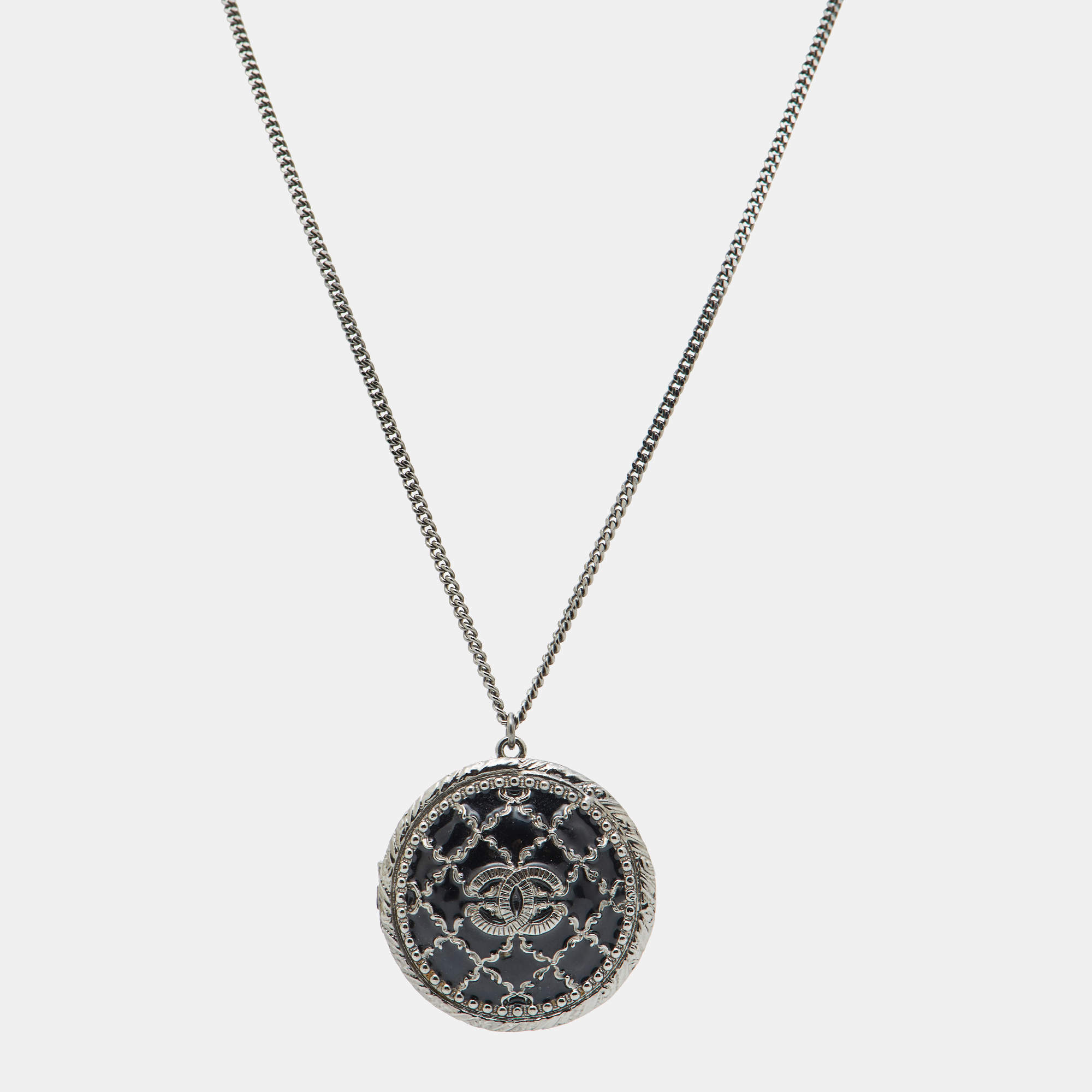 Pre Owned Chanel CC Enamel Gunmetal Tone Openable Long Pendant Necklace