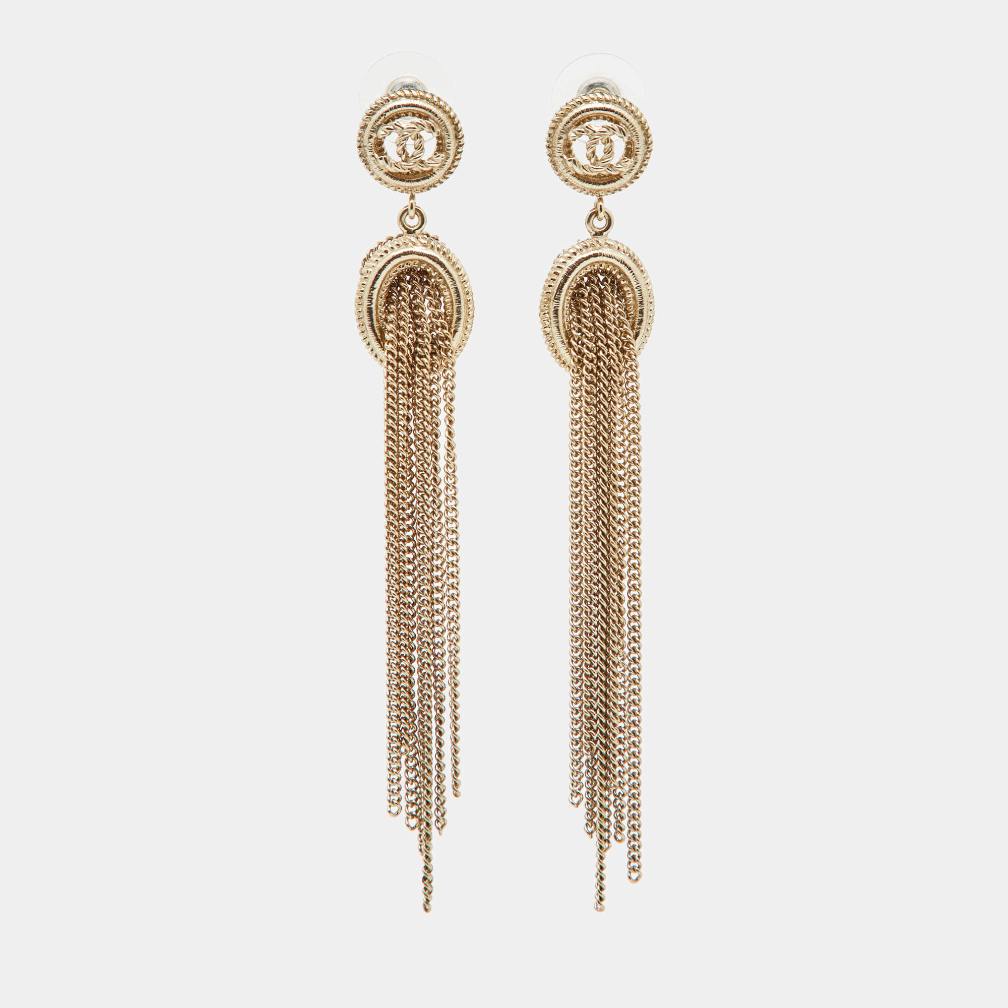 Pre Owned Chanel CC Logo Chain Tassel Gold Tone Long Earrings