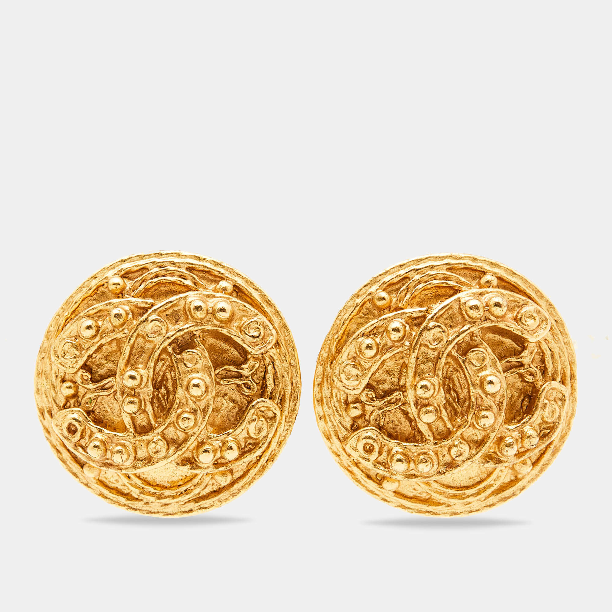 Chanel Vintage CC Gold Tone Button Clip On Earrings
