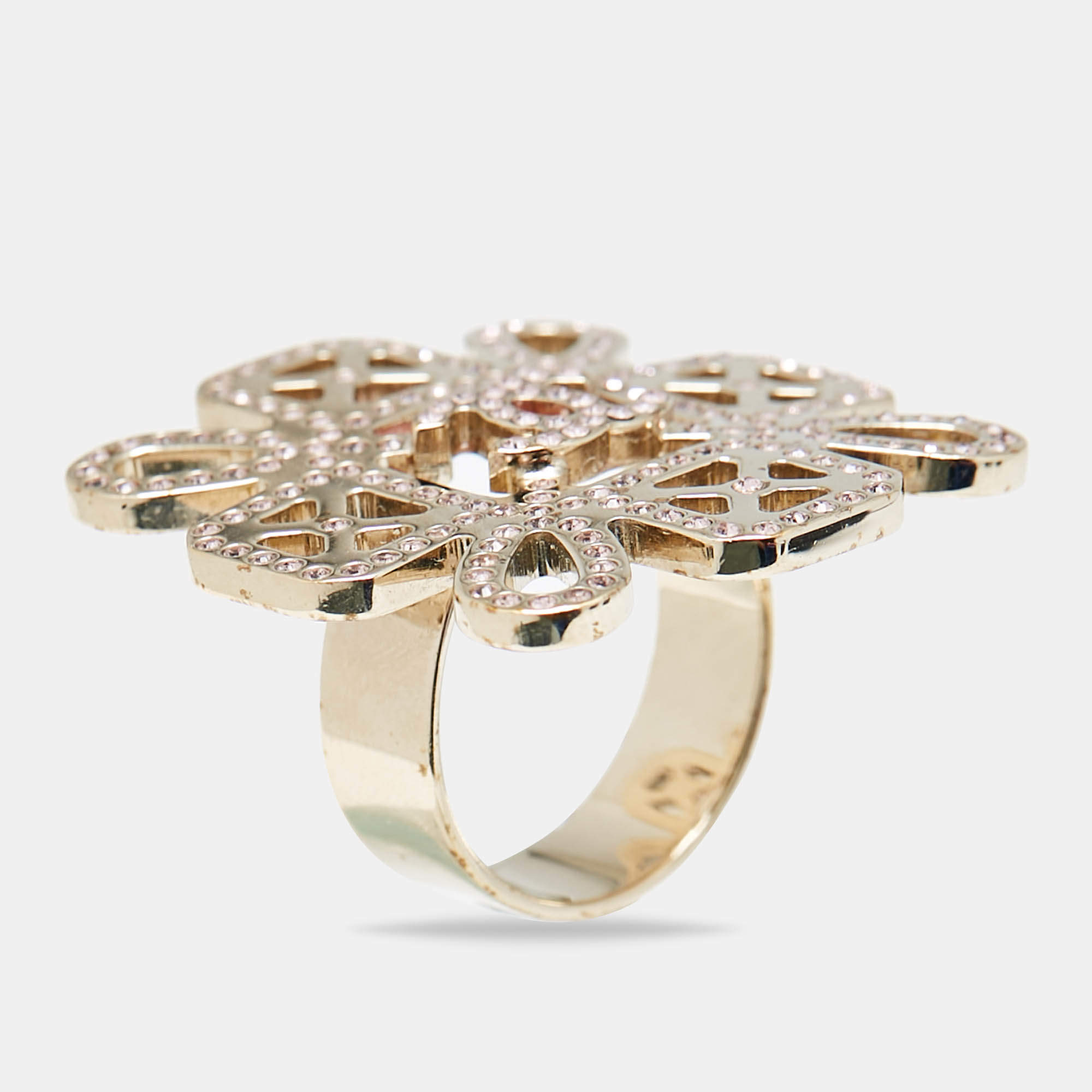 Chanel Strass CC Crystals Gold Tone Ring Size 55