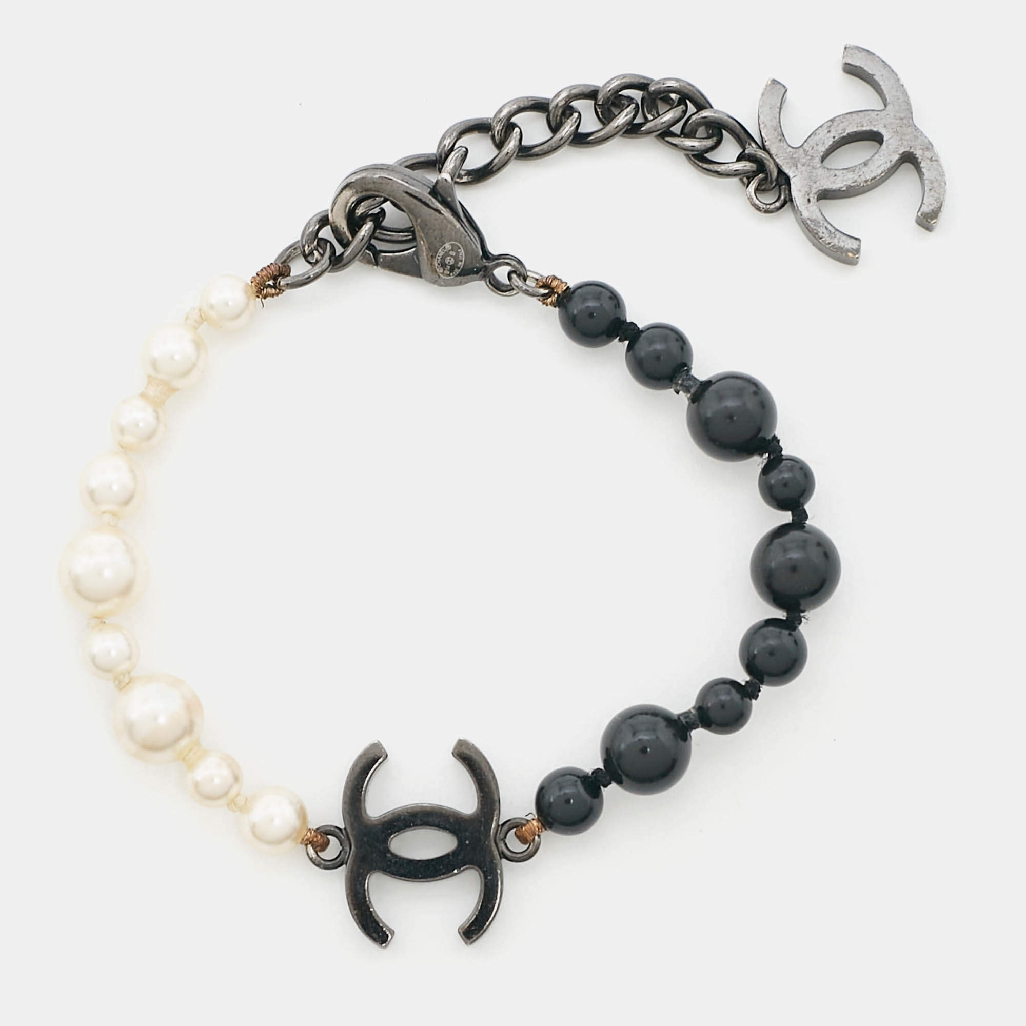 Pre Owned Chanel CC Faux Pearl Bead Black Tone Bracelet