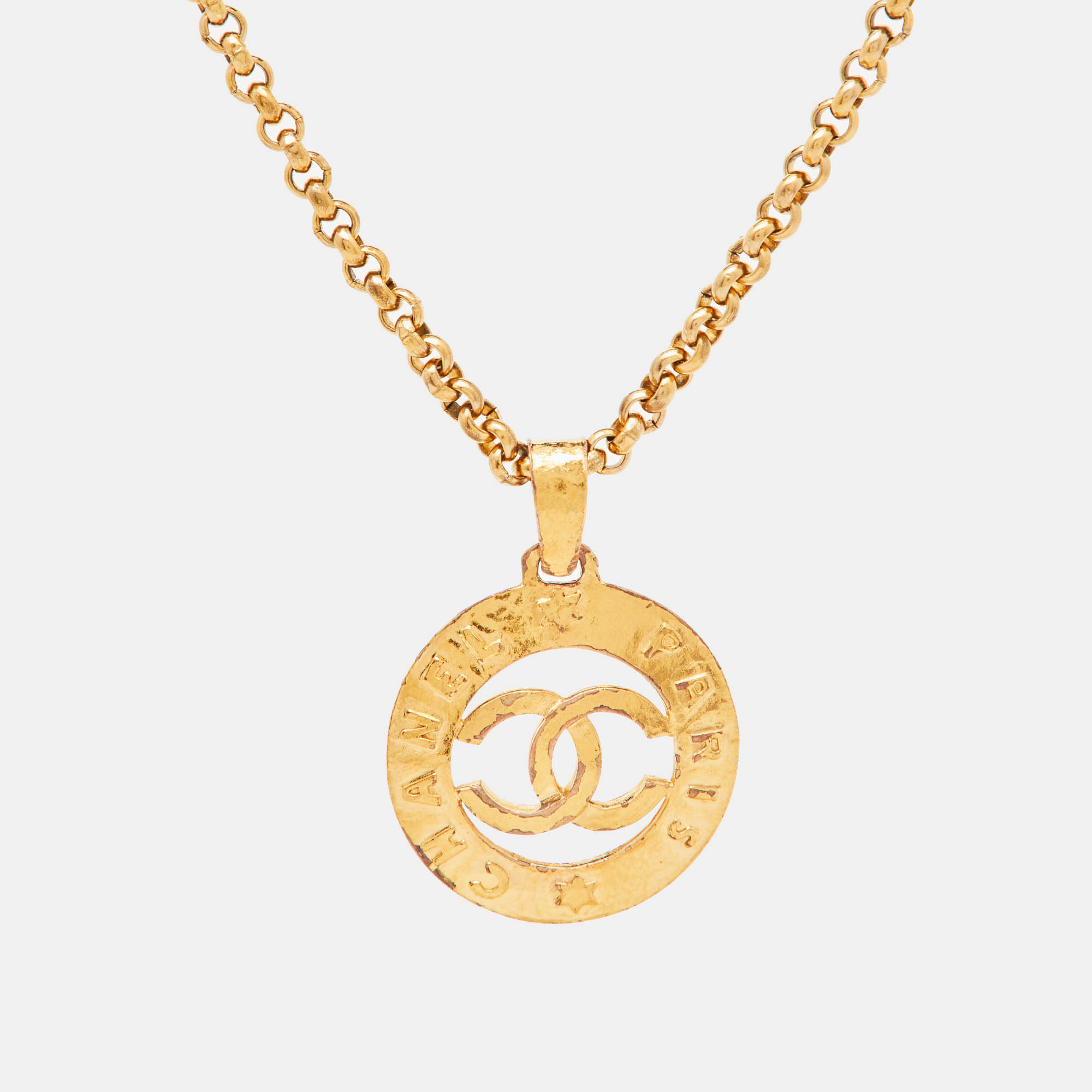 Chanel CC Gold Tone Round Pendant Long Necklace