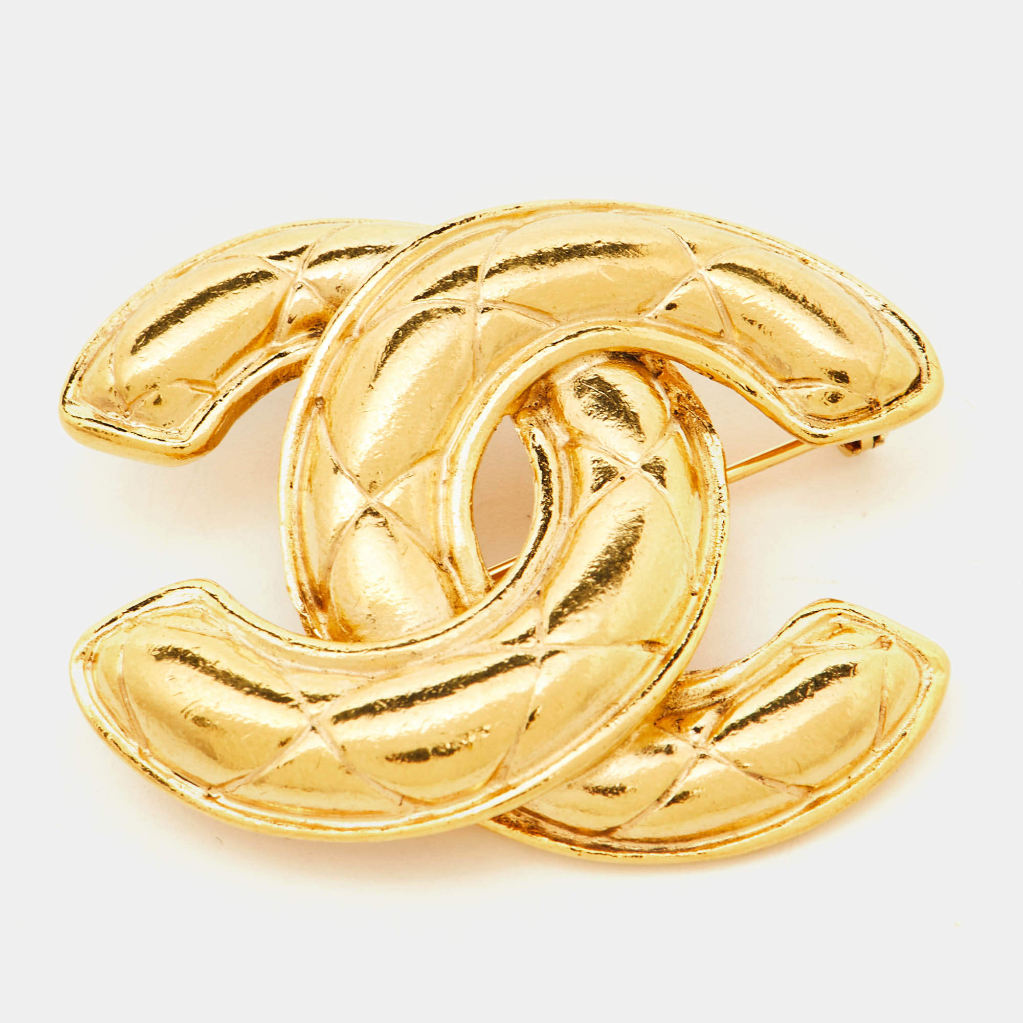 Pre Owned Chanel CC Quilted Gold Tone Brooch