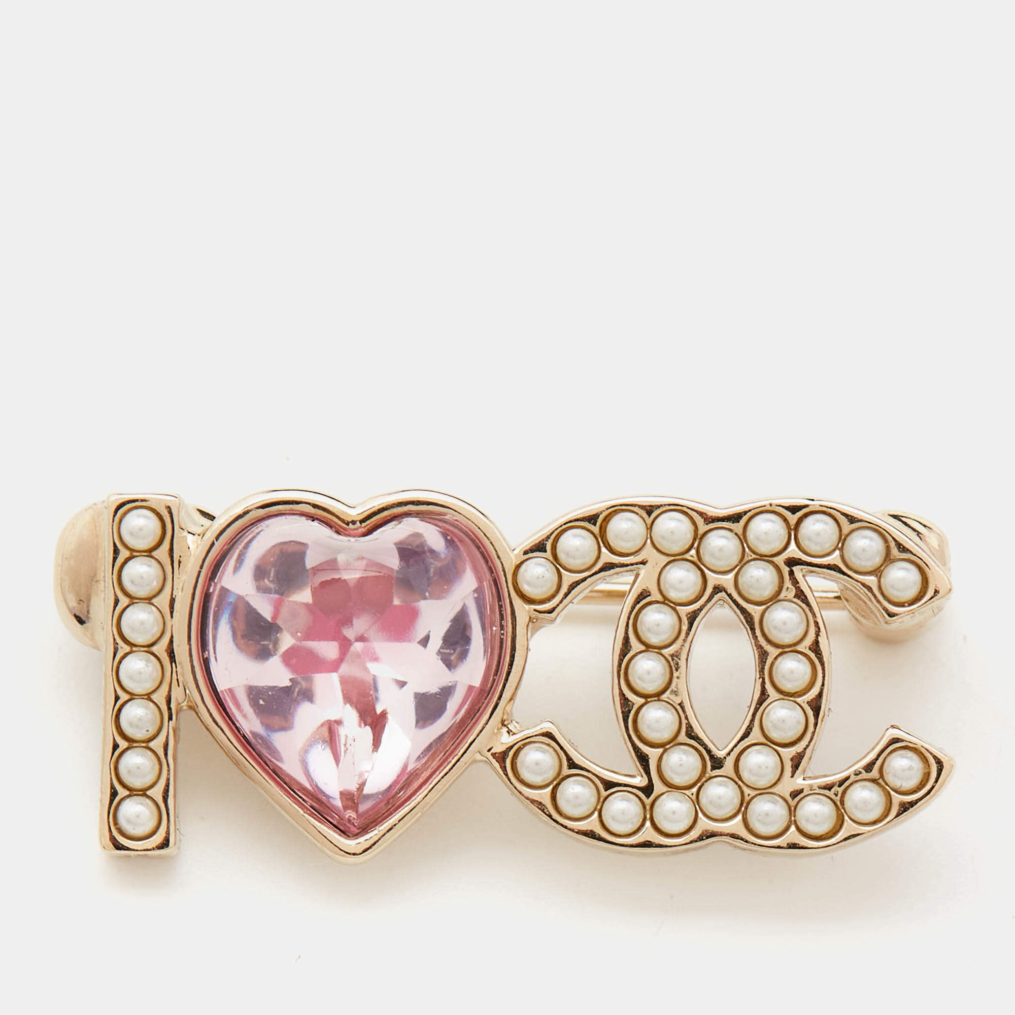 Pre Owned Chanel CC I Love You Faux Pearl Resin Gold Tone Brooch