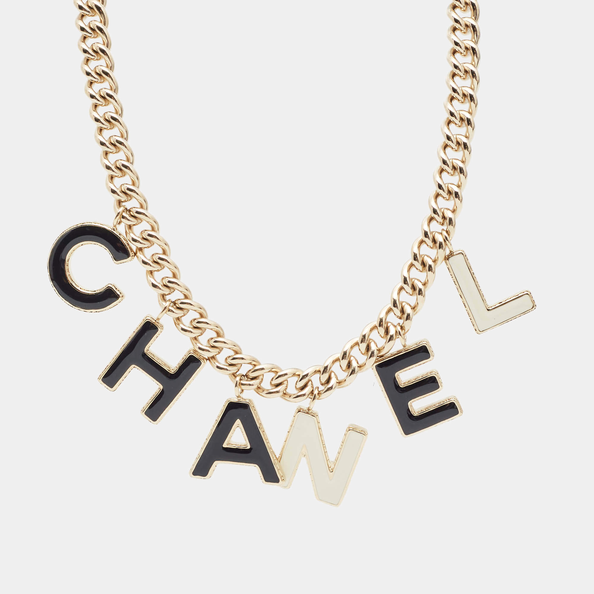Pre Owned Chanel Letter Logo Enamel Gold Tone Necklace