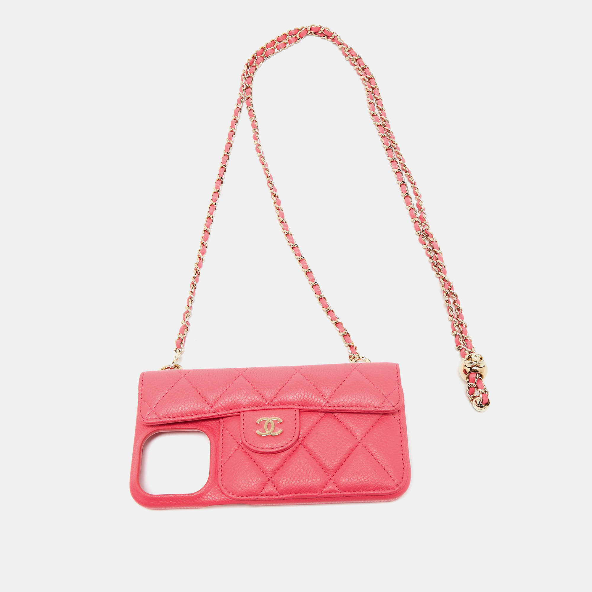 Chanel Pink Quilted Caviar Leather Pearl Crush iPhone Chain Case